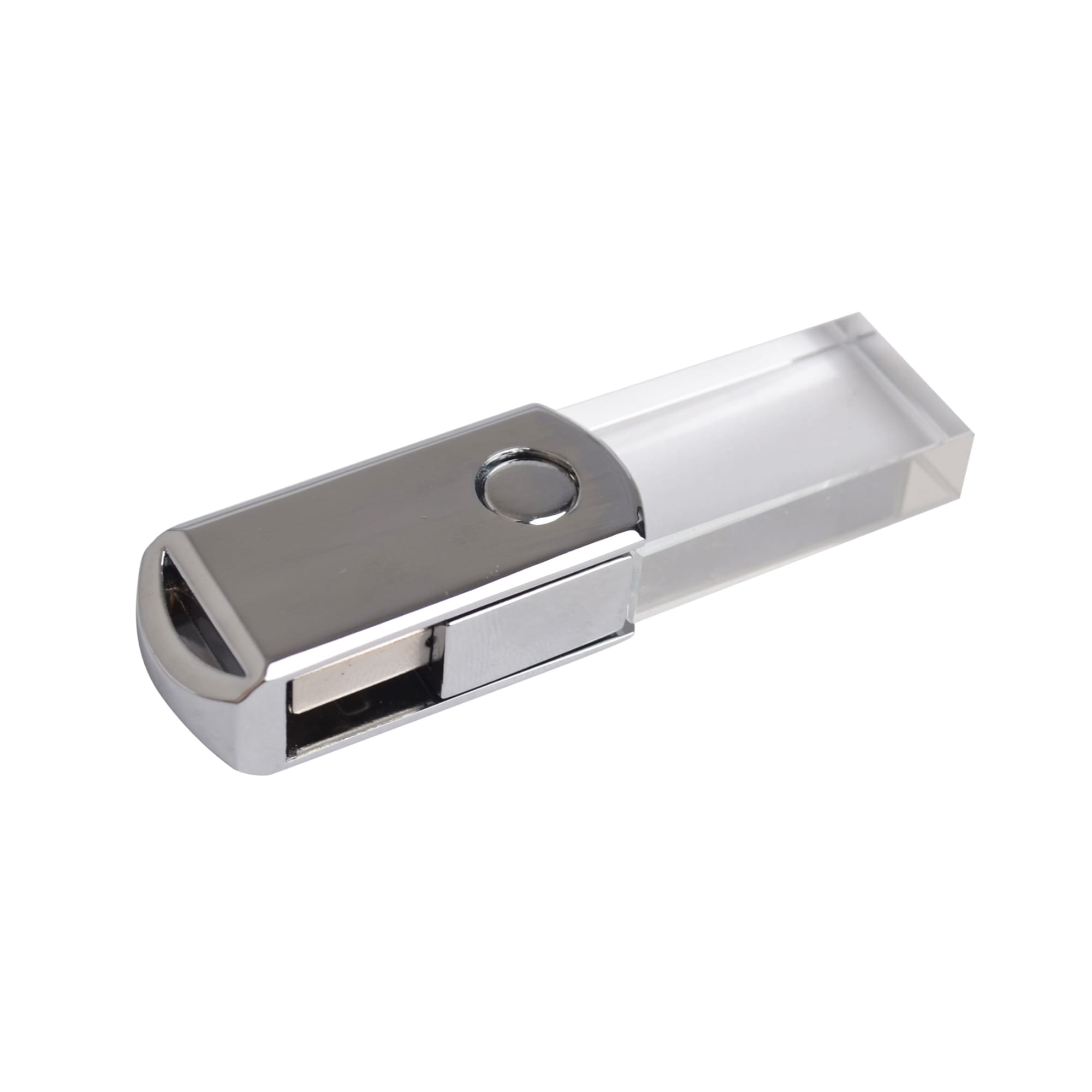 A swivel crystal flash drive in silver and transparent design with a logo on the side.