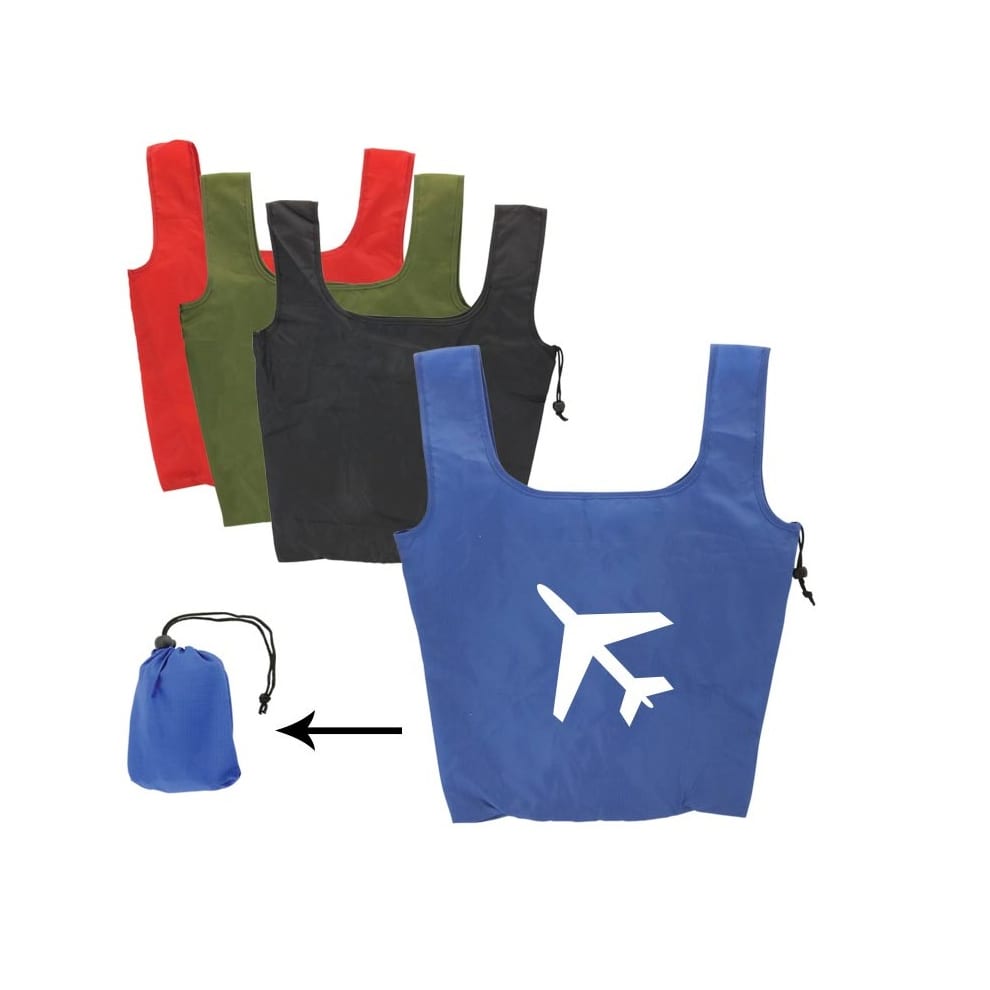 A set of foldaway shopping tote bags in blue, black, green, and red, with one bag folded into a compact shape.