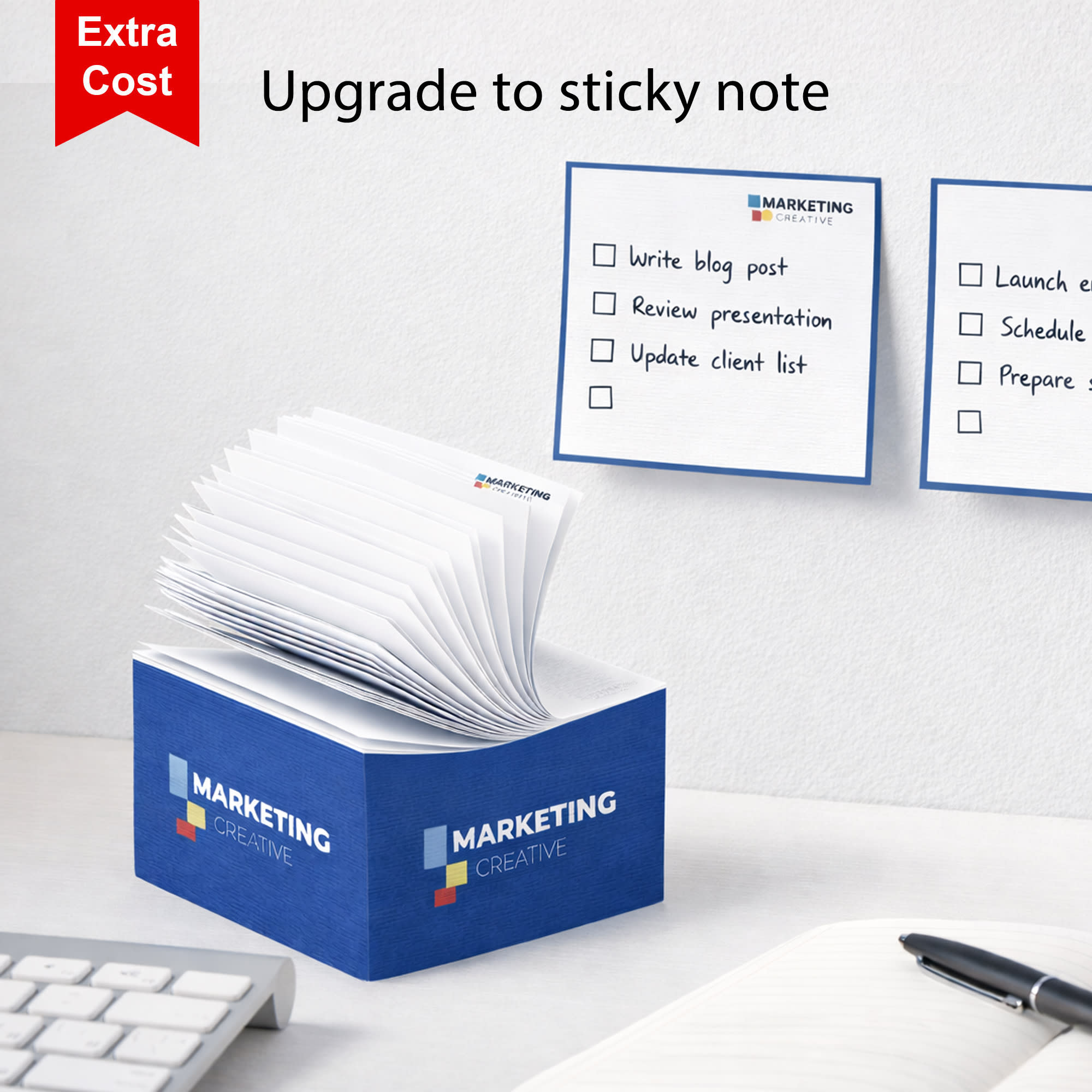 A blue cube-shaped note holder filled with white sticky notes, featuring a logo on the side.