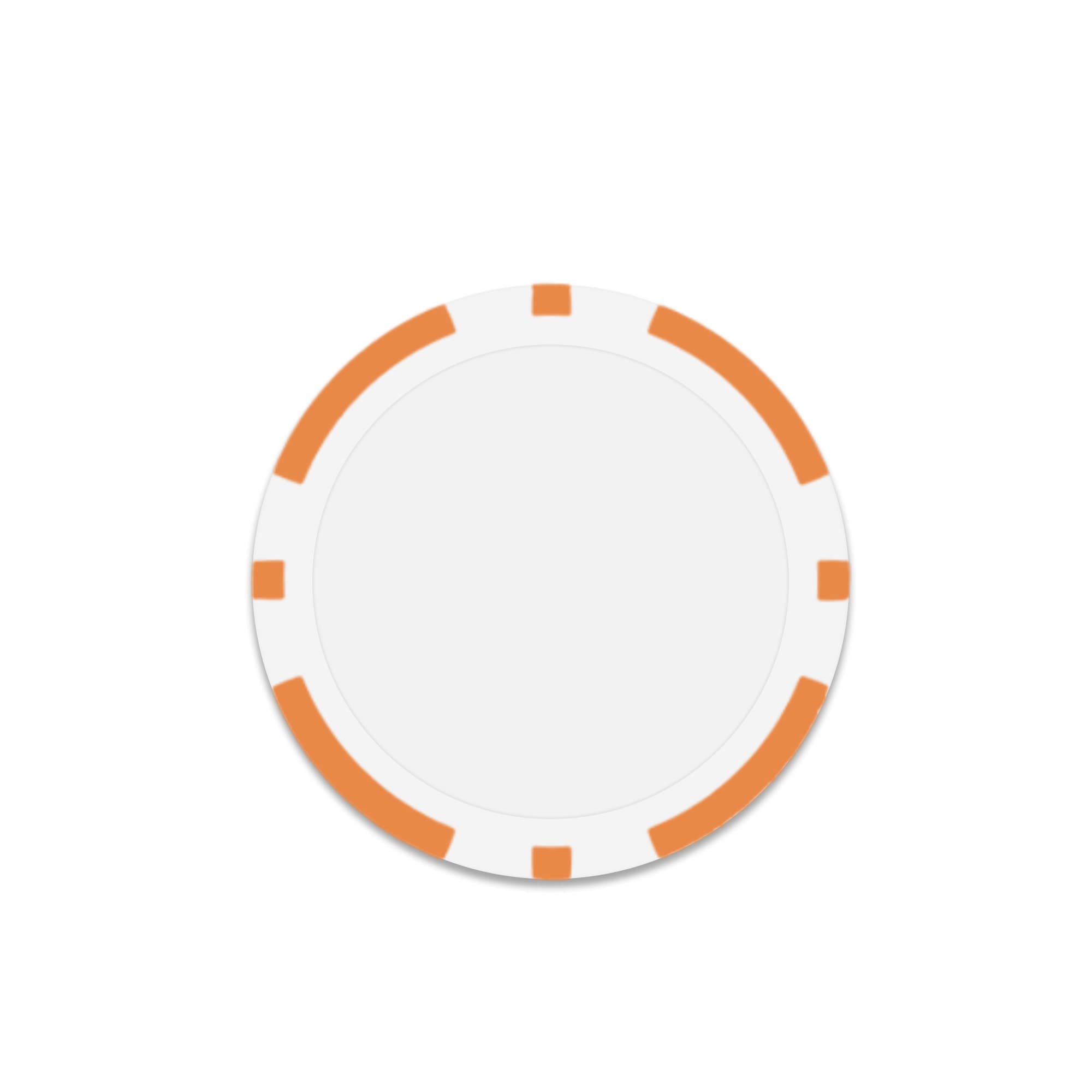 A round poker chip in white with orange accents on the edges. It has a smooth surface and no text.