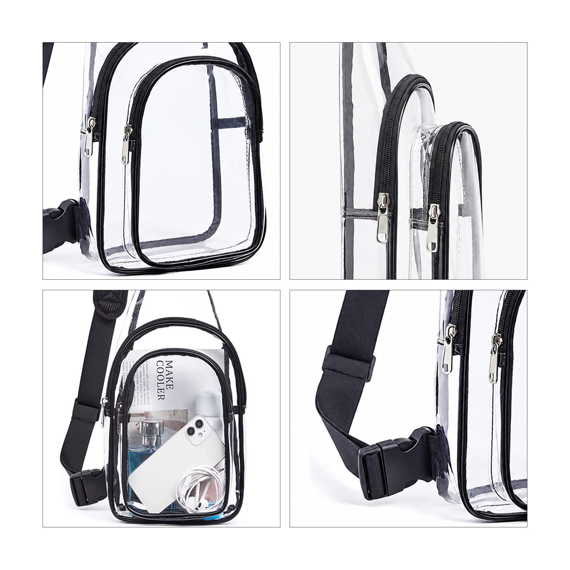 Clear PVC crossbody backpack featuring a transparent design with black zippers and adjustable straps. Includes a logo.