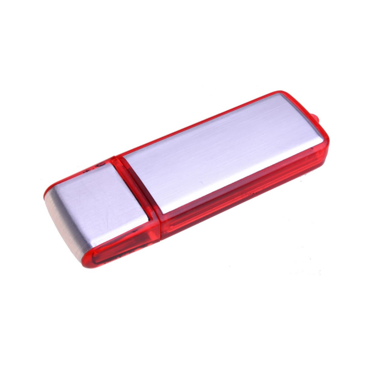 A red and silver flash drive with a metallic finish, featuring a sleek and compact design.