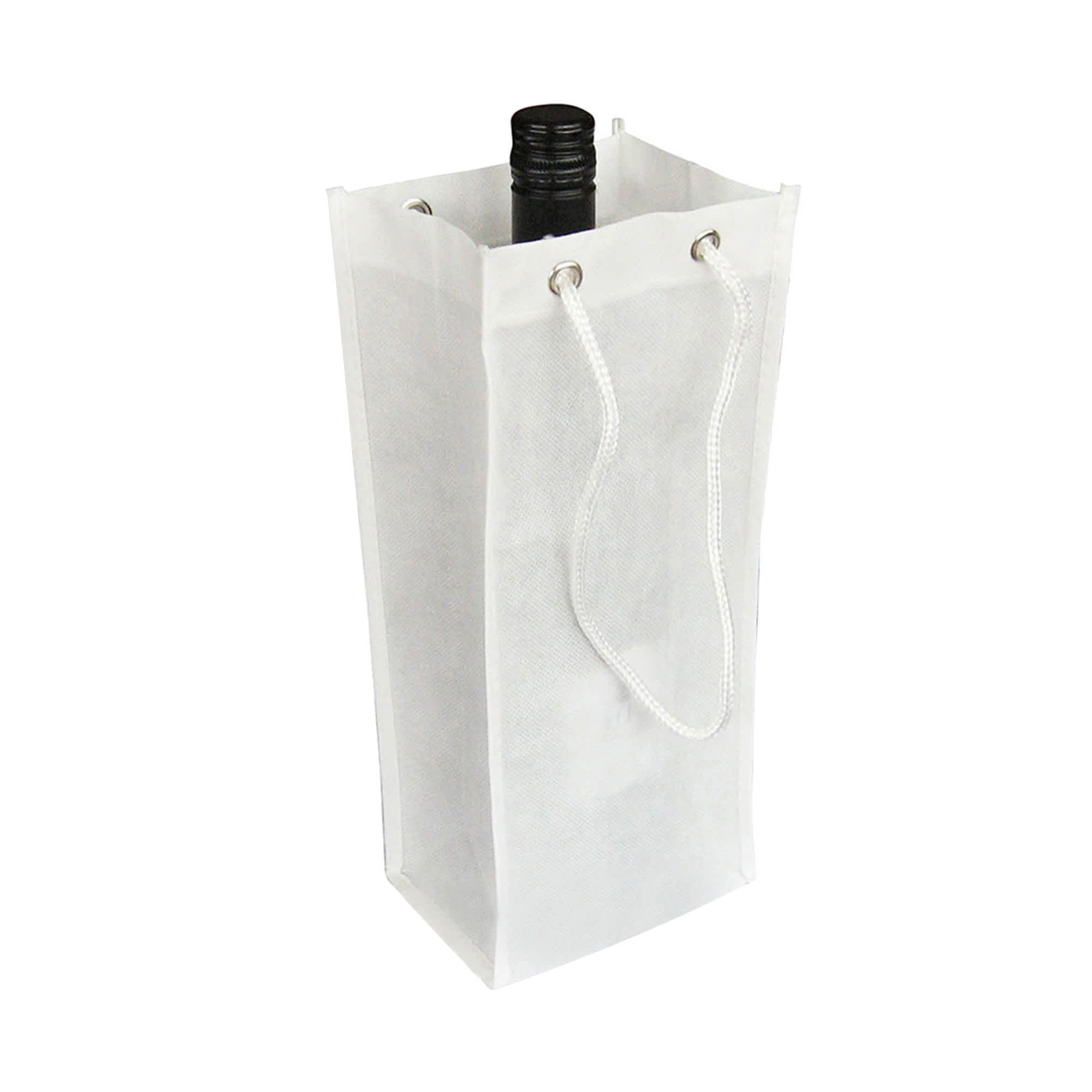 A drink bottle in a white non-woven single bottle bag with a rope handle. The bag features a logo.
