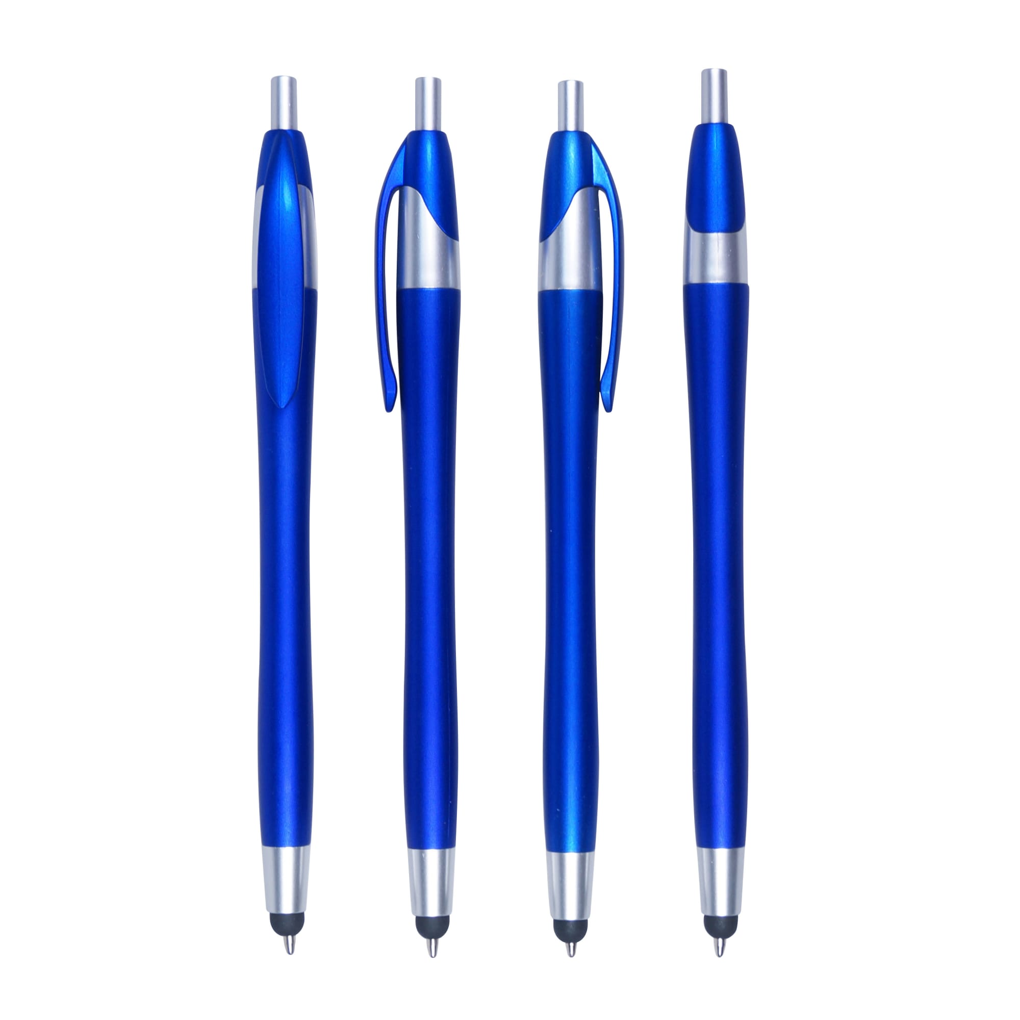 A set of four stylus pens in blue with silver accents and branding.