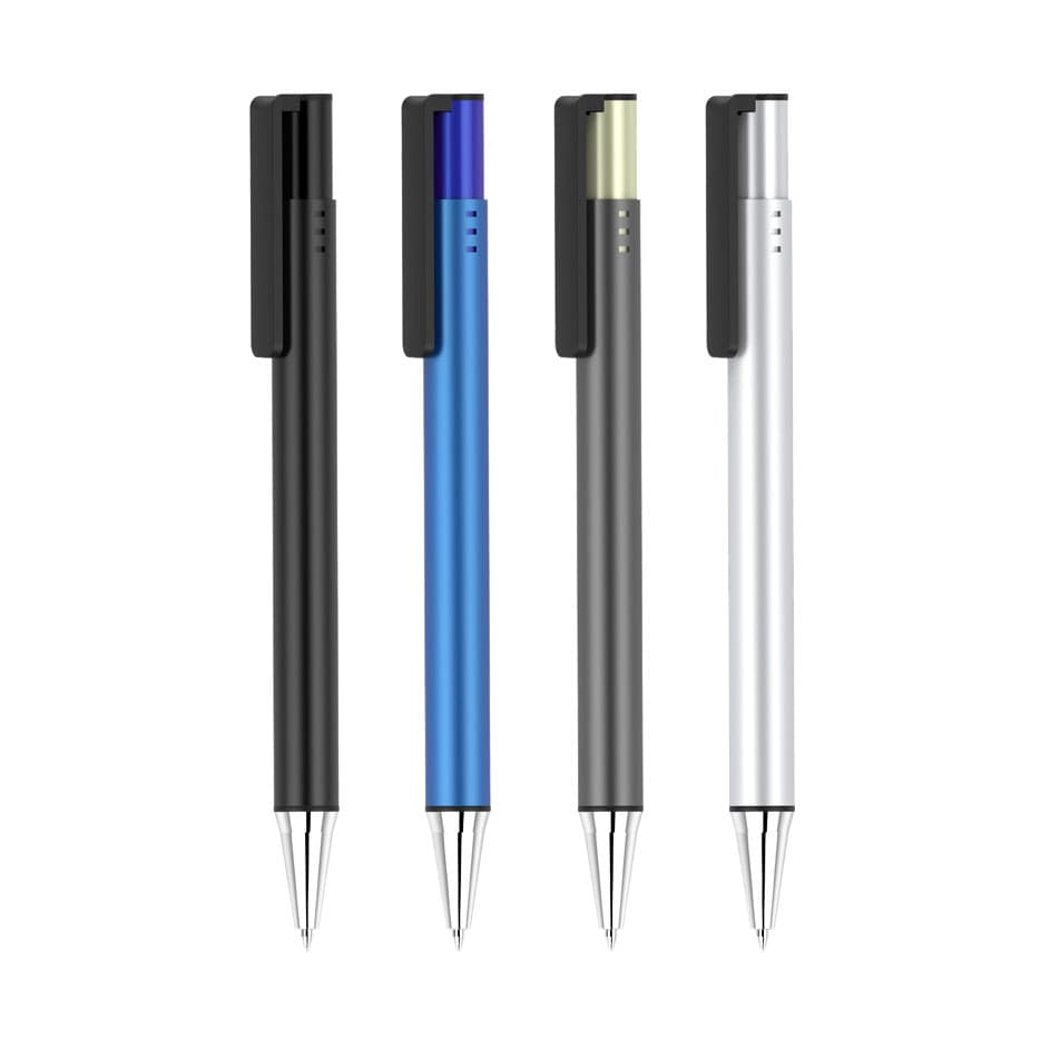 Four "Grace Pens" in black, blue, grey, and silver, featuring sleek designs with clips and a logo on the barrel.