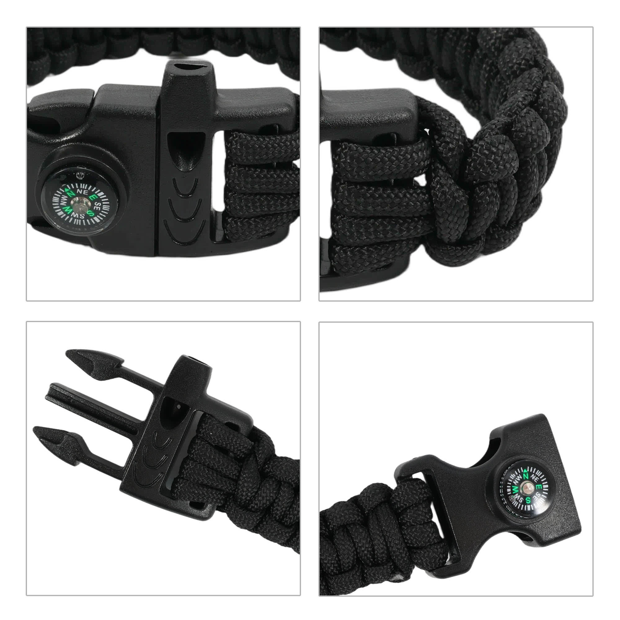 A black paracord bracelet featuring a compass, whistle, and emergency survival tools. Includes a buckle for secure fastening.