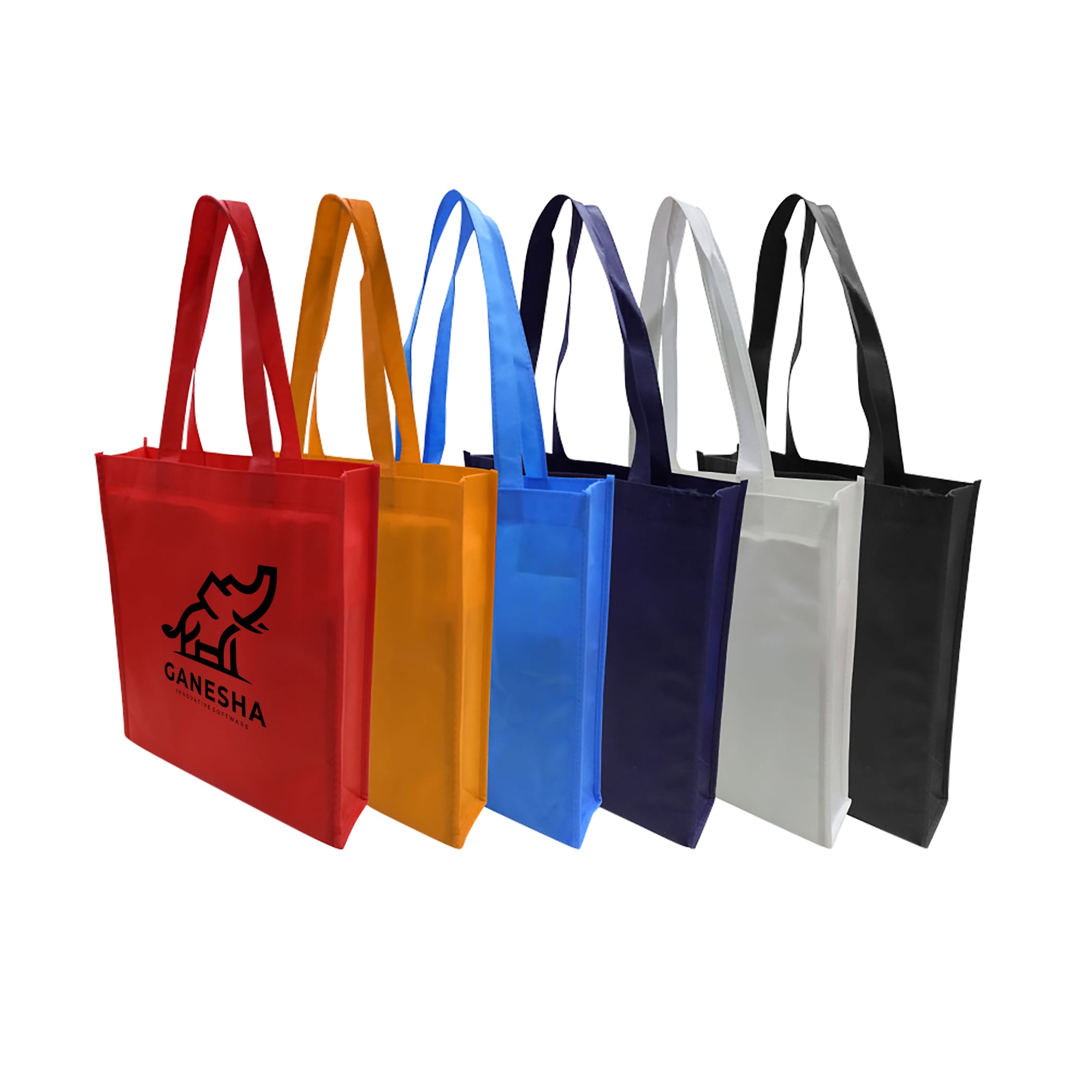 A collection of non-woven bags in red, orange, blue, white, and black, featuring handles and a logo.