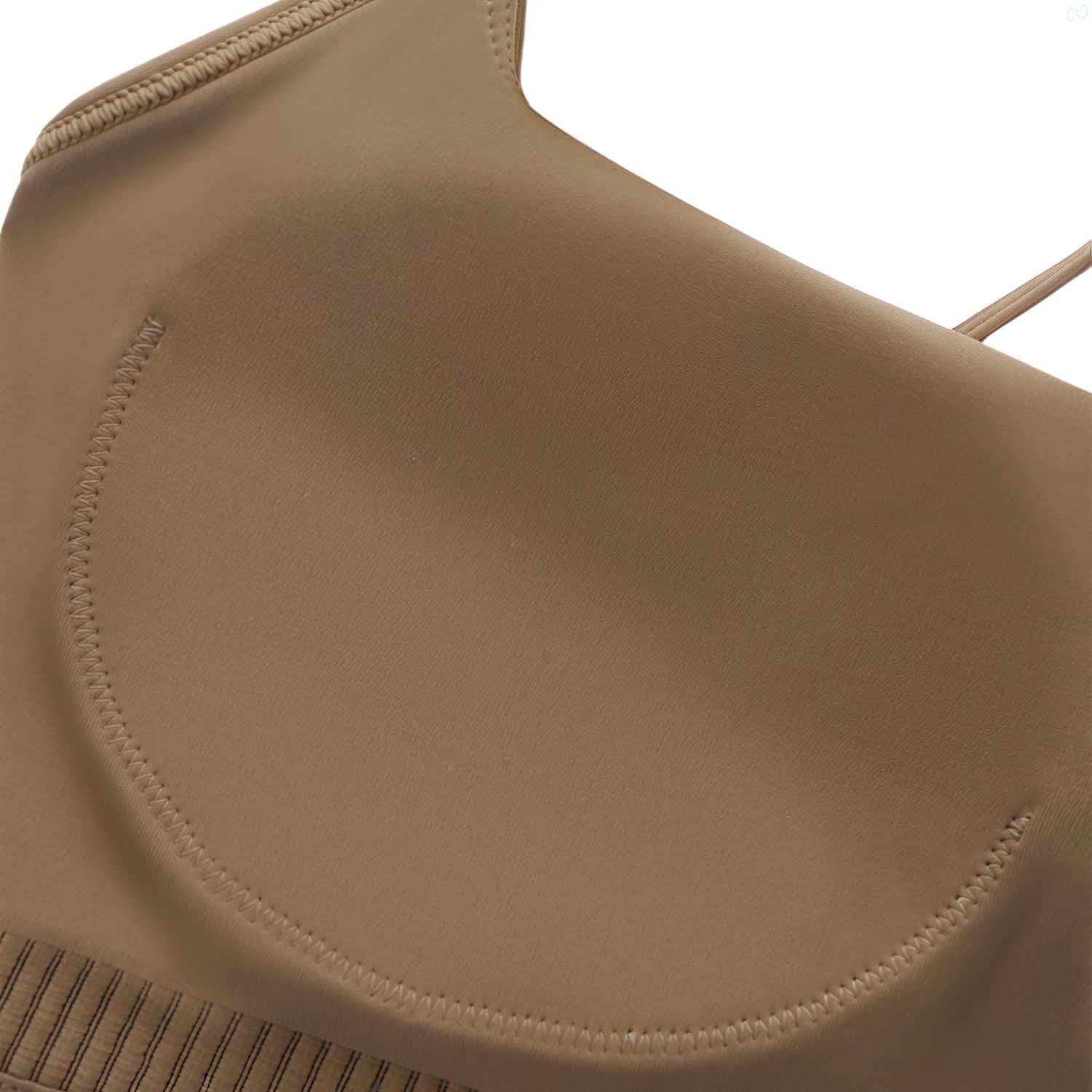 A women's seamless thin-strap U-back yoga crop bra tank in a tan colour with a smooth finish and tailored design.
