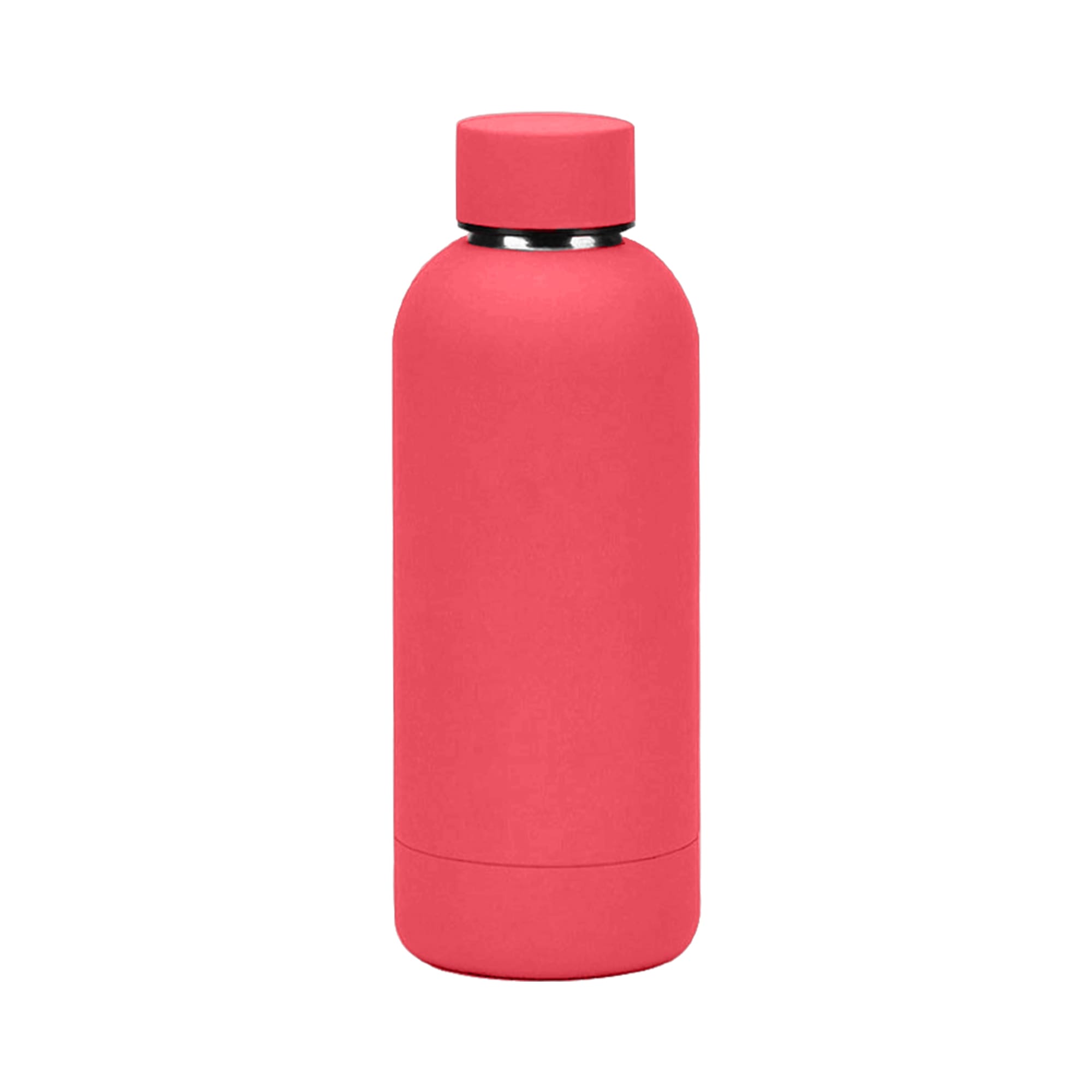 A drink bottle made of recycled stainless steel, insulated, in a coral pink finish, featuring a silver cap and logo.