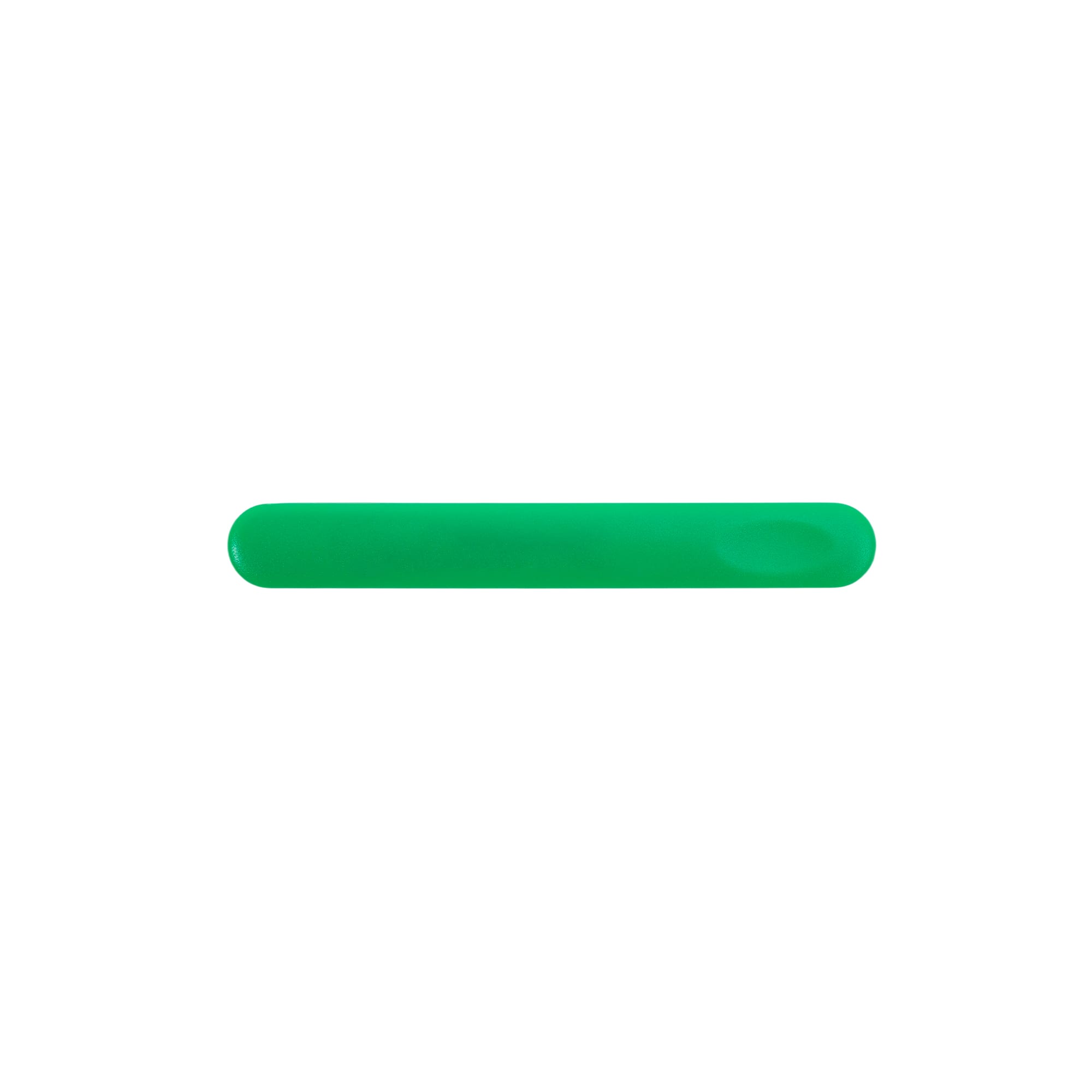 A green nail file with a smooth, rounded edge, featuring a simple design and a branding logo.