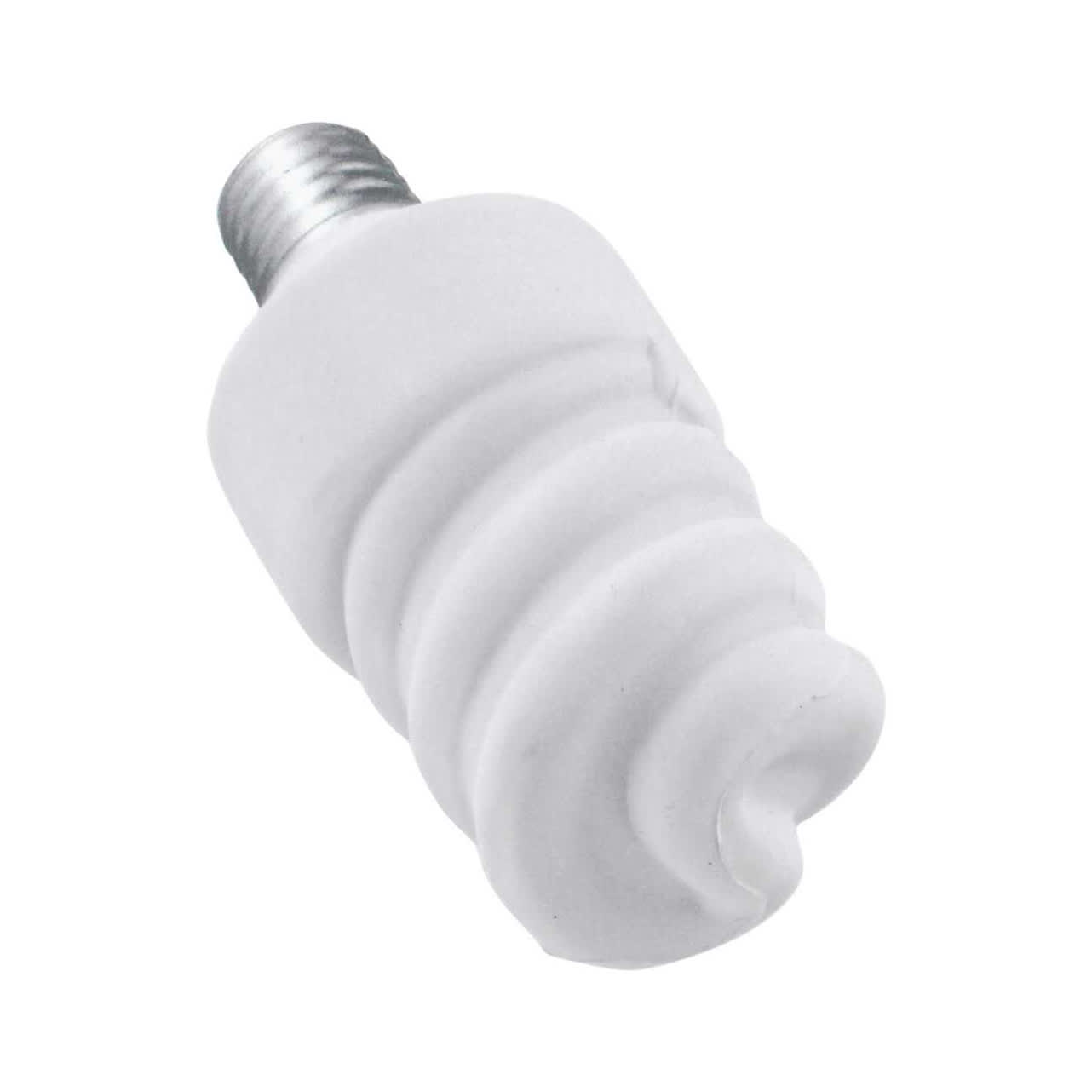 A white, spiral-shaped stress reliever designed to resemble an energy-saving lamp with a metal screw base.