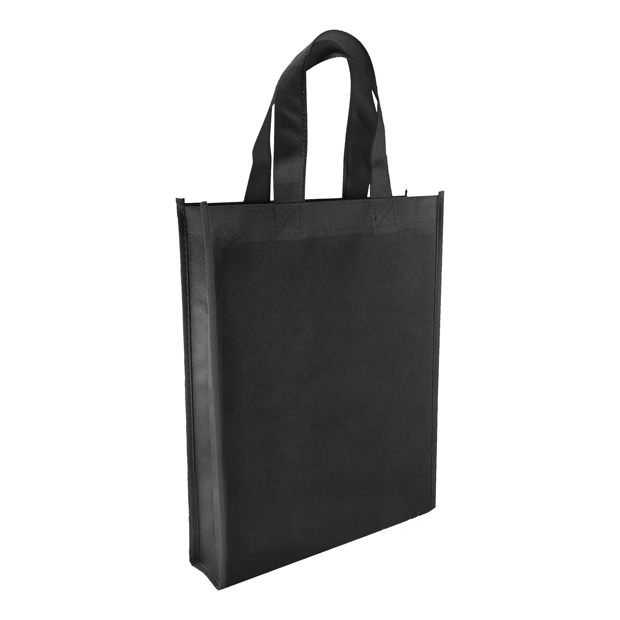 A black non-woven trade show bag with two handles and a simple design, featuring a logo.