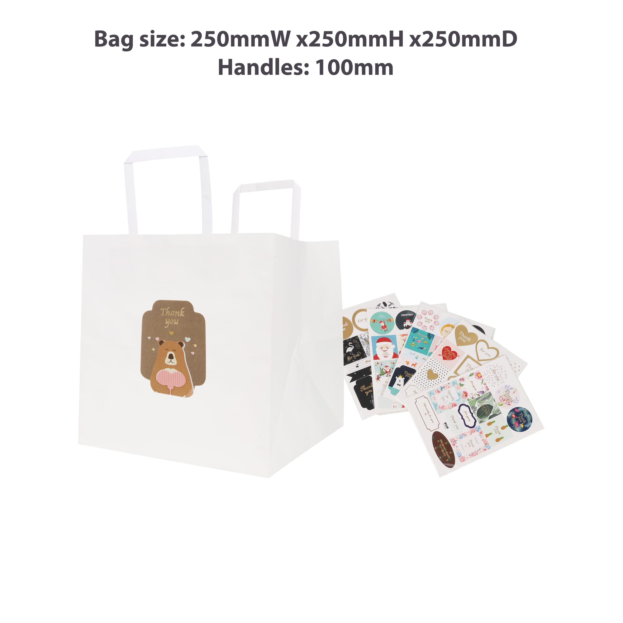 A flat handle kraft paper bag in white, featuring a decorative design, alongside assorted stickers.