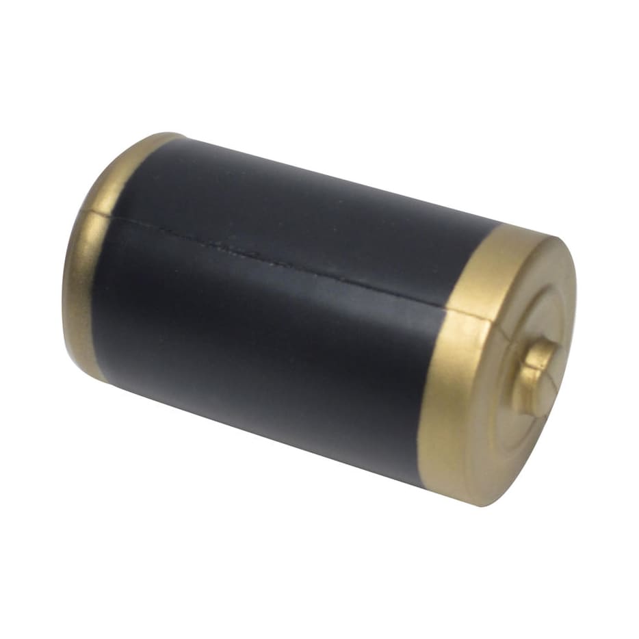A black and gold battery-shaped stress reliever with a shiny finish. It features a branding logo.