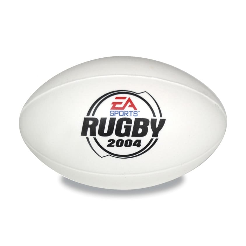 A white stress Australian football with a logo and text, featuring a smooth surface and classic shape.