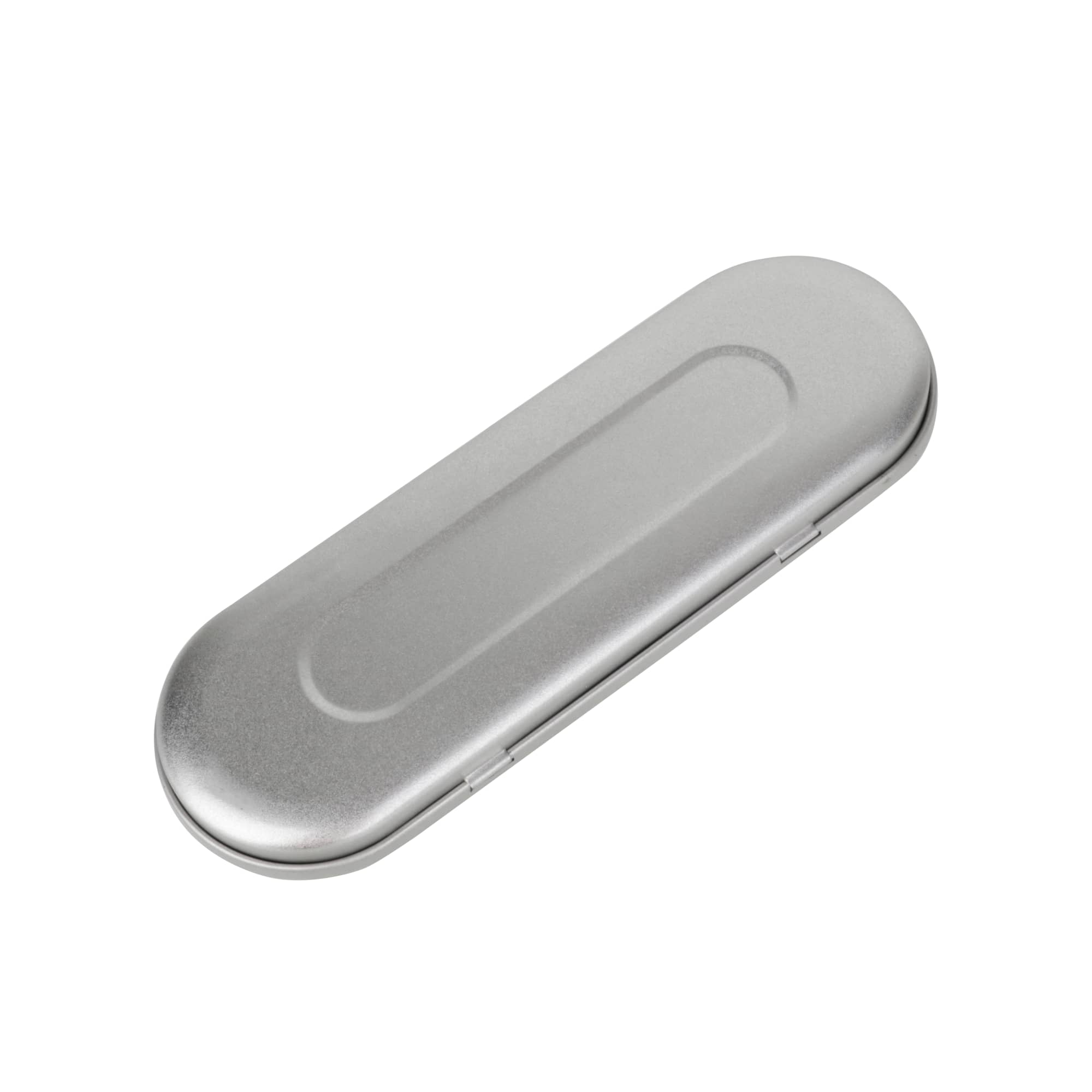 A silver tin with a black foam insert, designed for pen packaging. It has a smooth metallic finish.