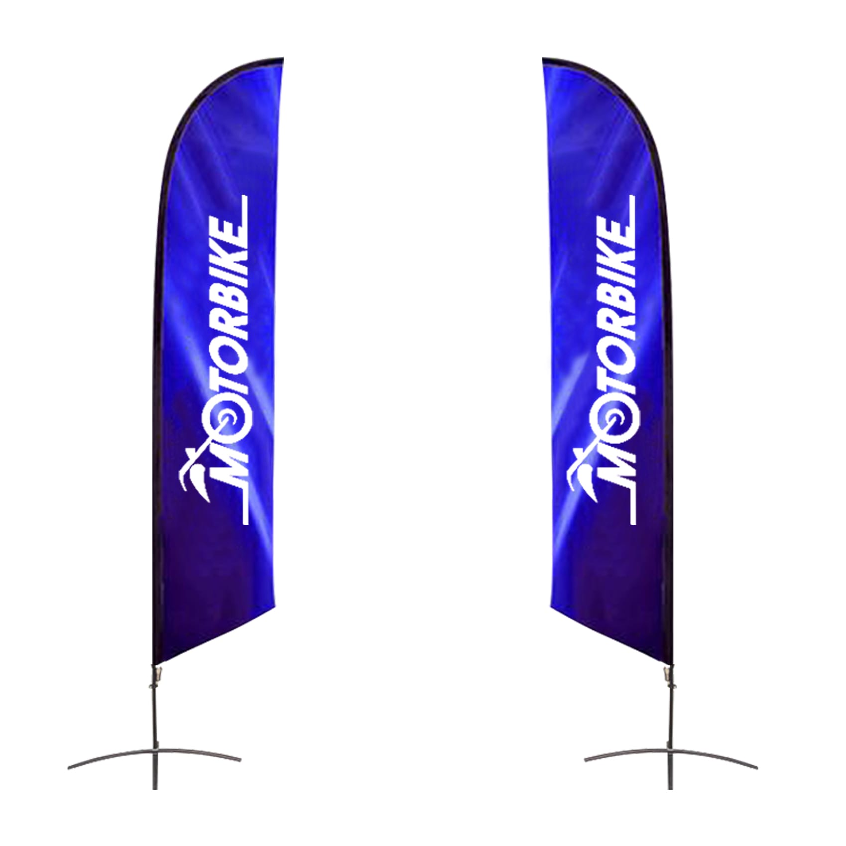 Two large angled feather banners in blue, featuring a logo, set up on stands for display.