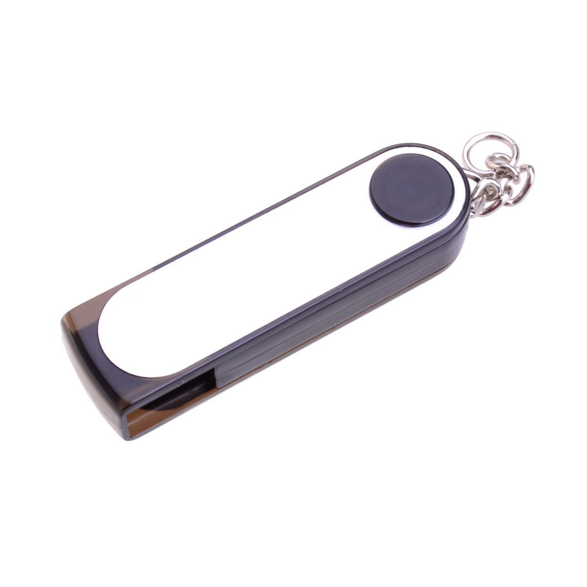 A black and white flash drive with a keychain attachment, featuring a rounded end and a push button.