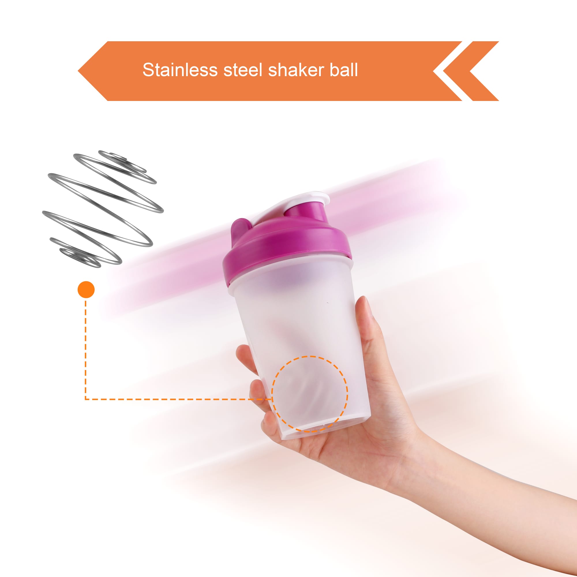 A drink bottle featuring a pink lid and clear body, with a stainless steel shaker ball visible inside.