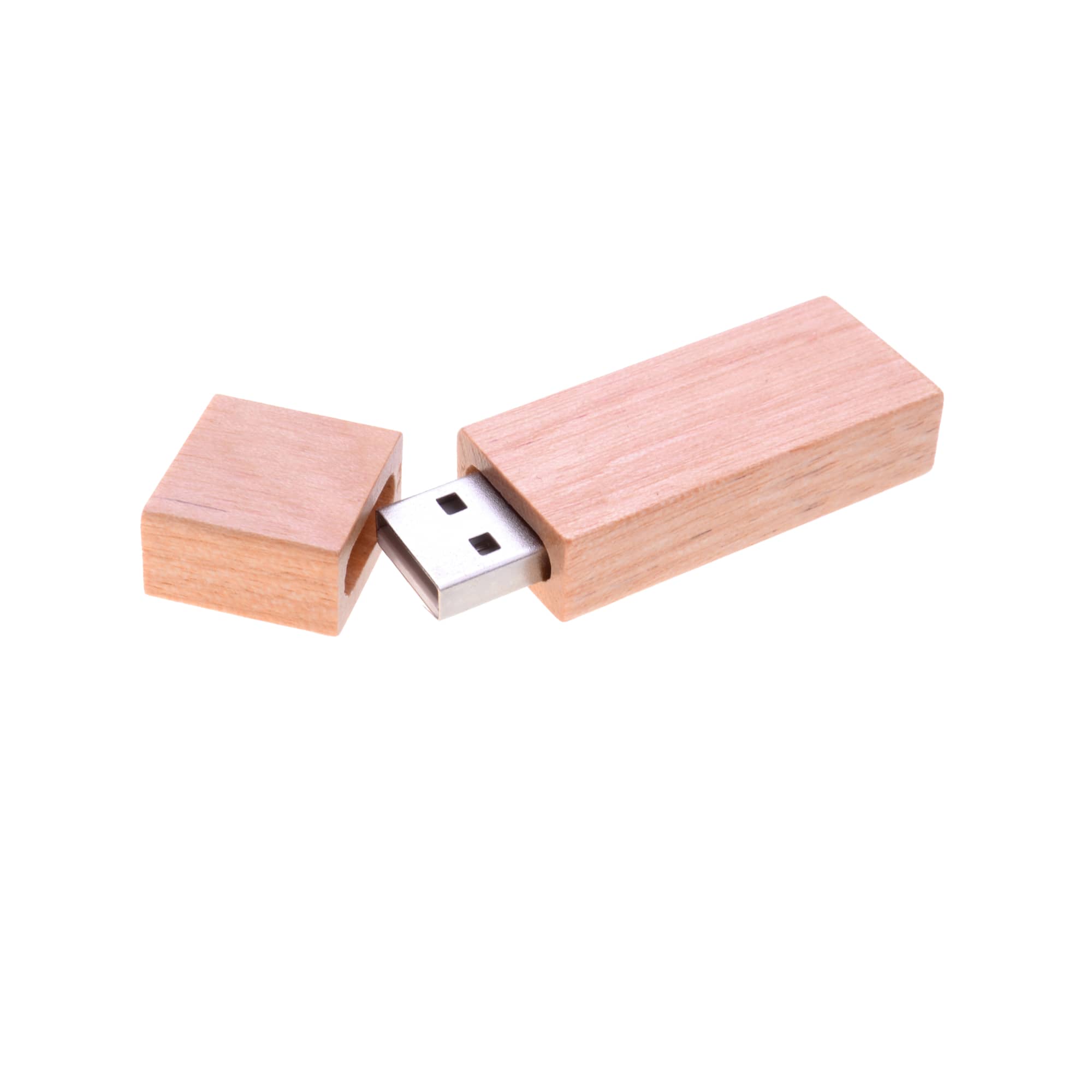 A wooden rectangular flash drive in light brown, featuring a removable cap and a USB connector.