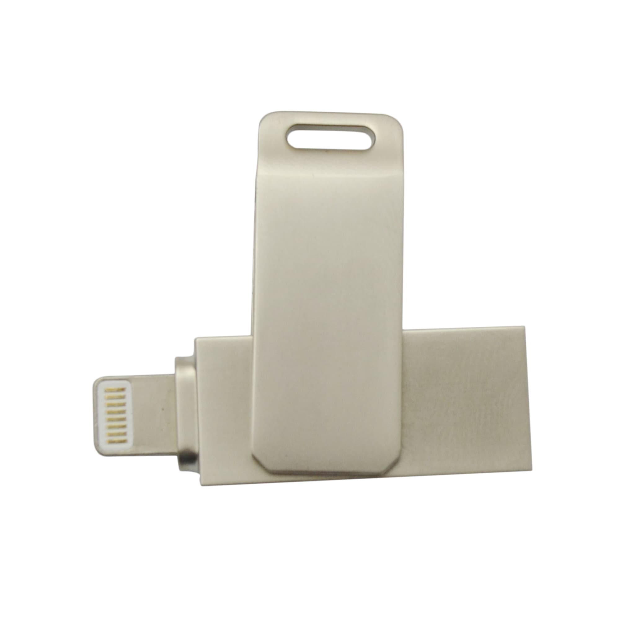 A silver flash drive with a swivel design and a small connector at one end, featuring a logo.