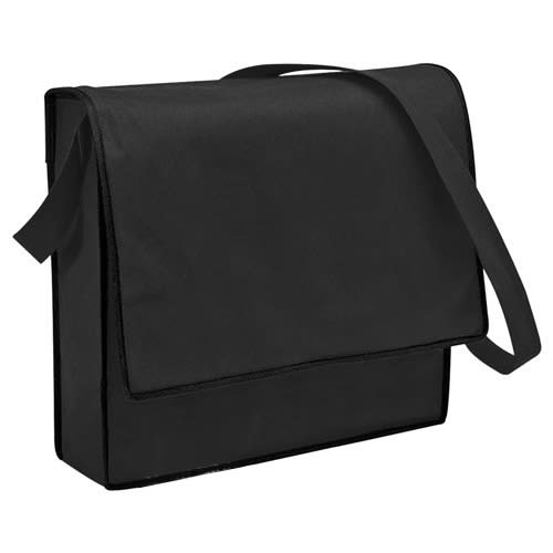 A black non-woven sling bag with a flap closure and an adjustable strap, featuring branding.
