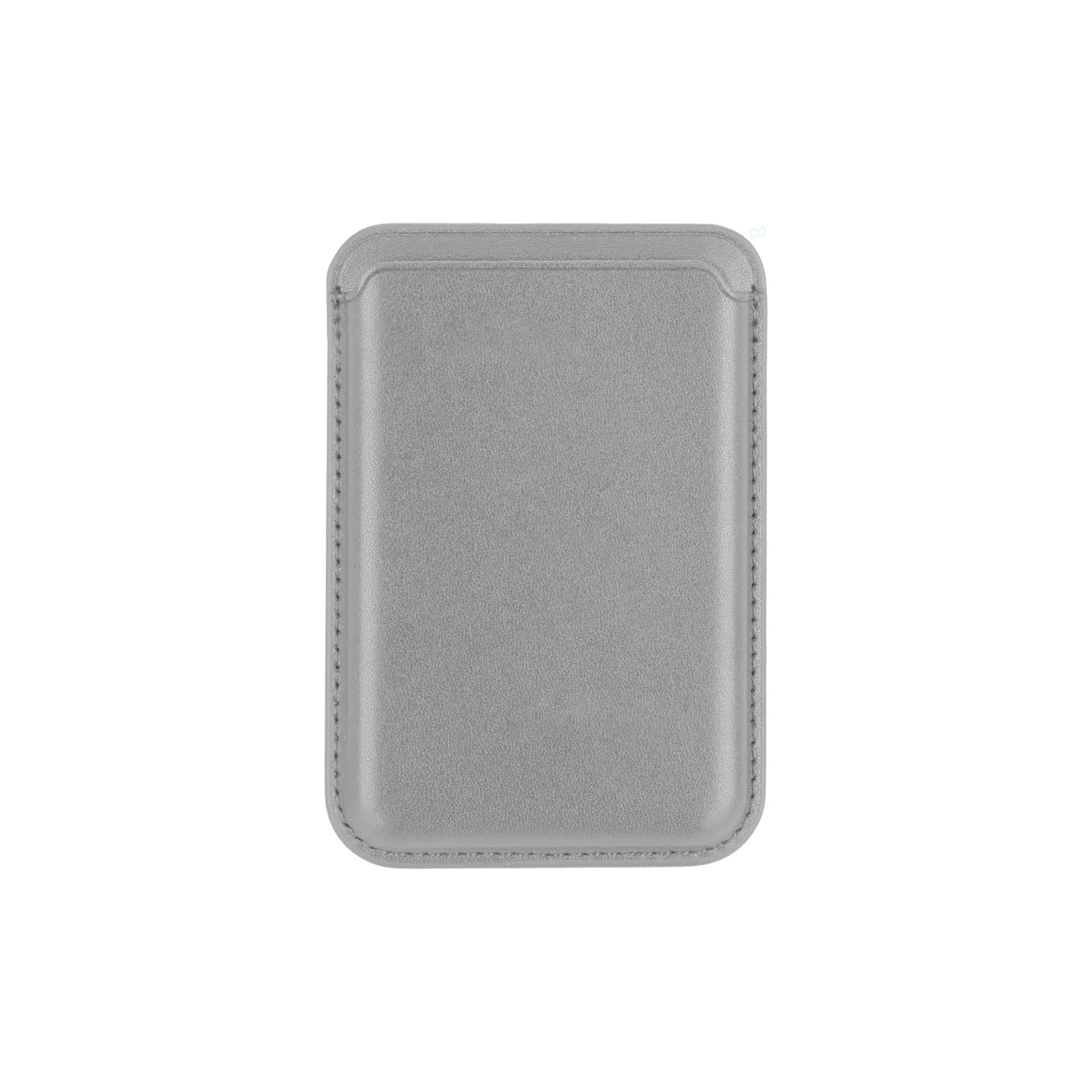 A grey PU magnetic phone card holder with a smooth texture and rounded edges, featuring a logo on the front.