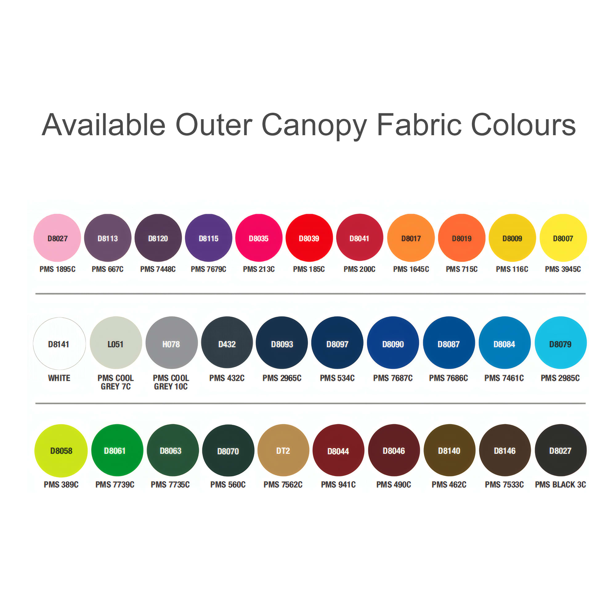 A collection of fabric swatches in various colours for the outer canopy of a reversible folding umbrella.