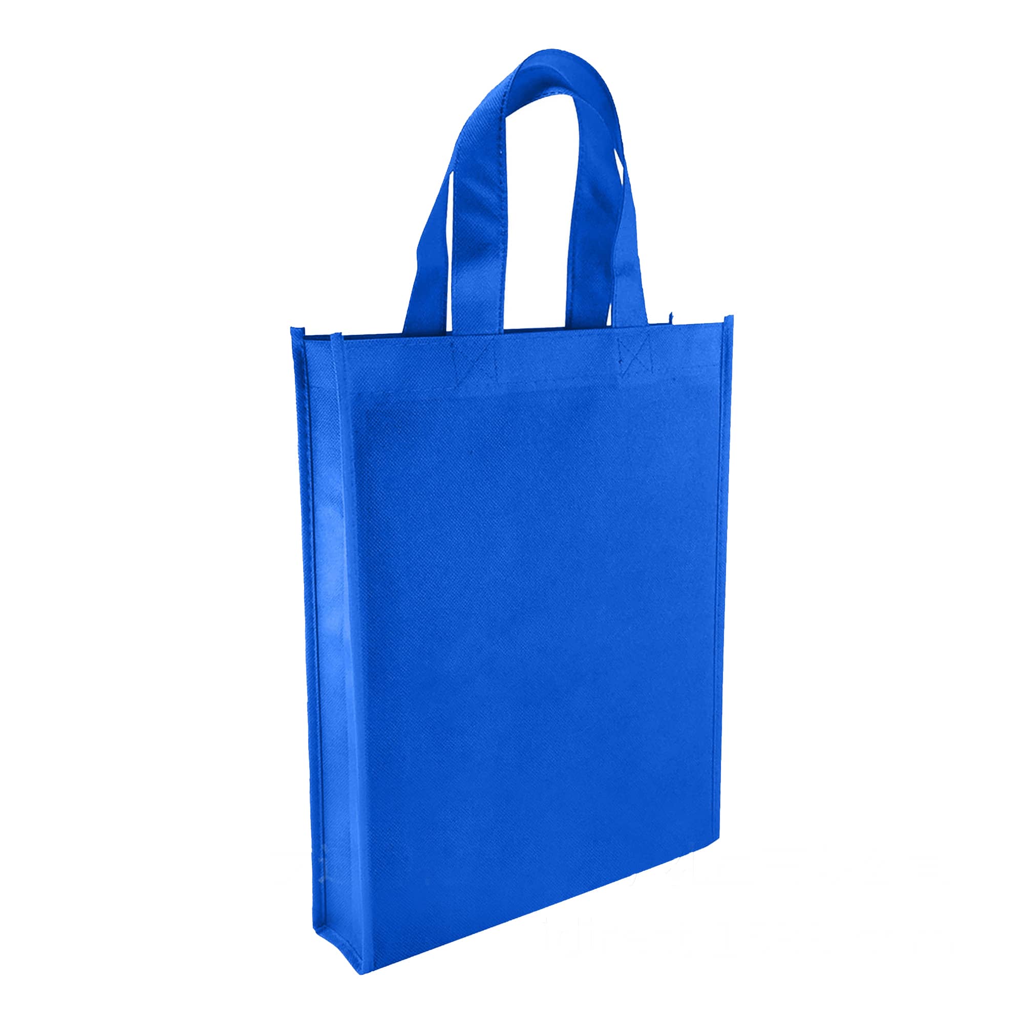 A blue non-woven trade show bag with two sturdy handles and a minimalist design. It has a logo on the side.