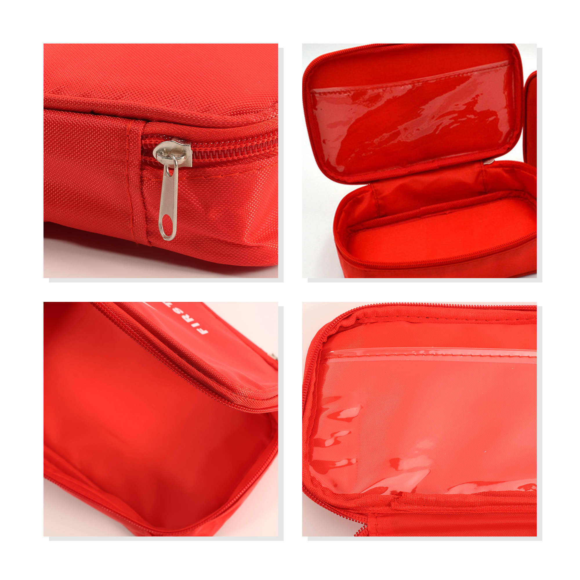 A red first aid kit bag with a zip closure and transparent compartments, featuring a logo.