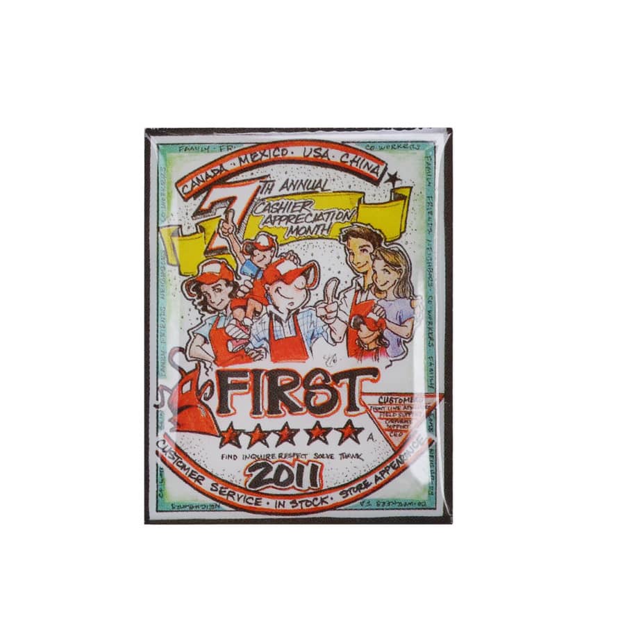 A colourful promotional printed pin featuring a cartoon design with multiple characters, framed in a decorative border.