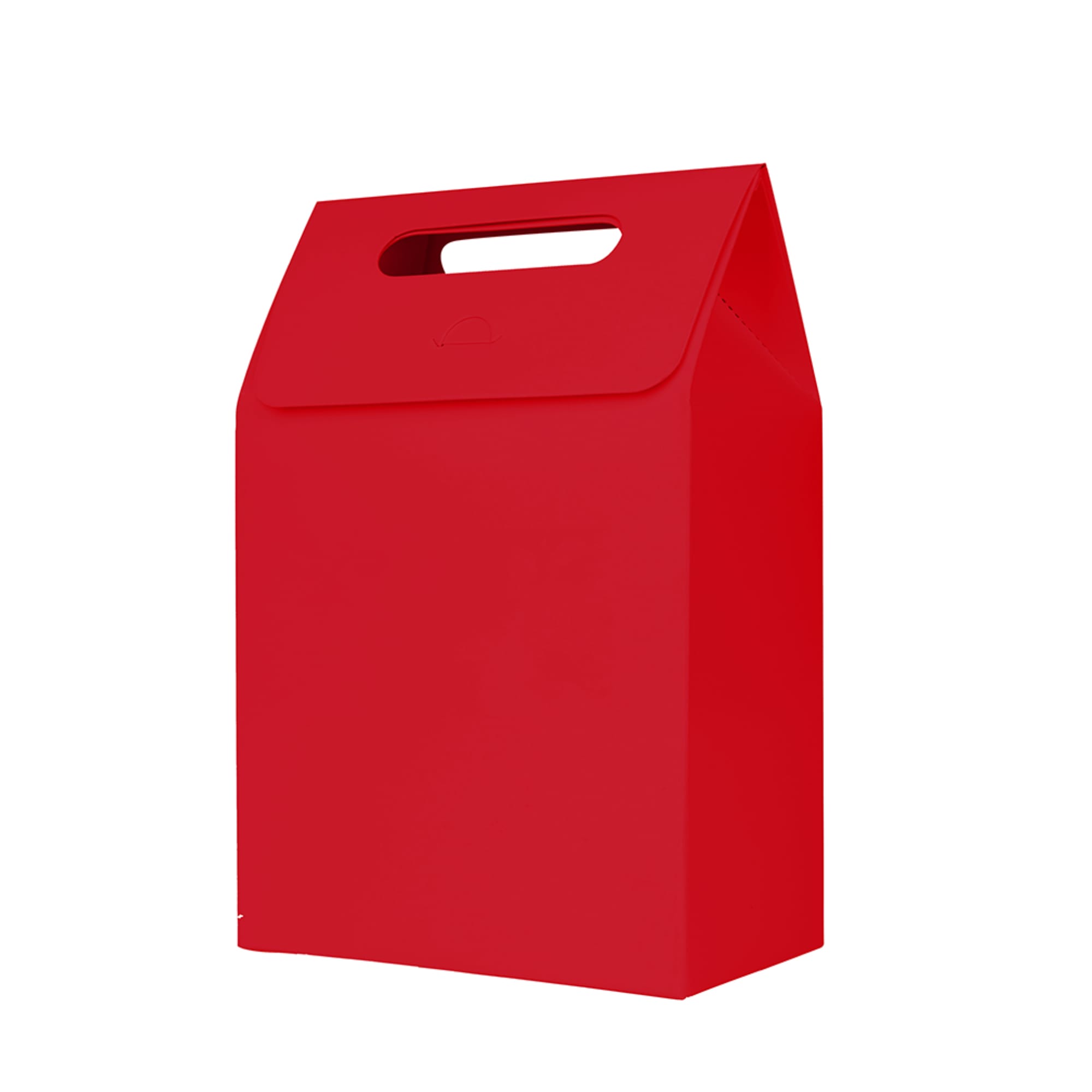 A red die cut handle bag, featuring a rectangular shape and a top flap with a handle, perfect for carrying items.