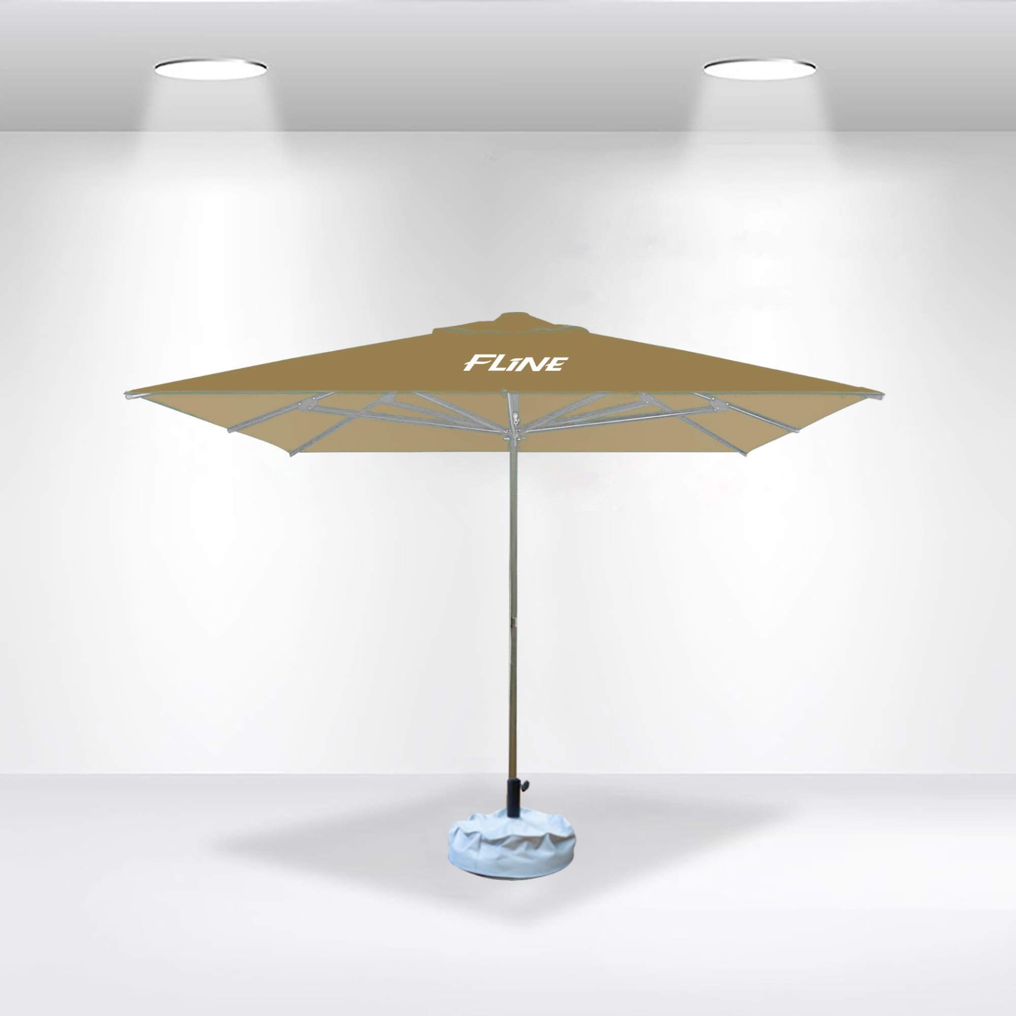A large, beige market umbrella with a sturdy base, featuring a logo on the canopy.