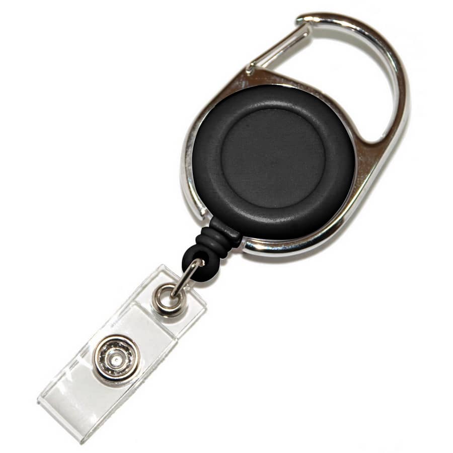 A retractable card holder with a black circular top and a metal carabiner clip, featuring a clear strap.