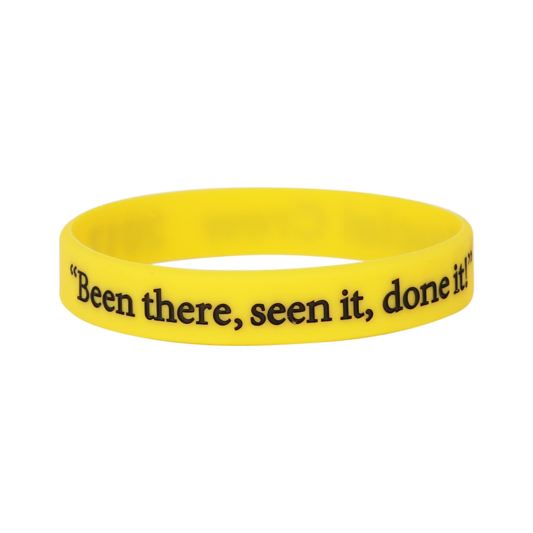 A yellow silicone wristband with debossed black text and a logo.