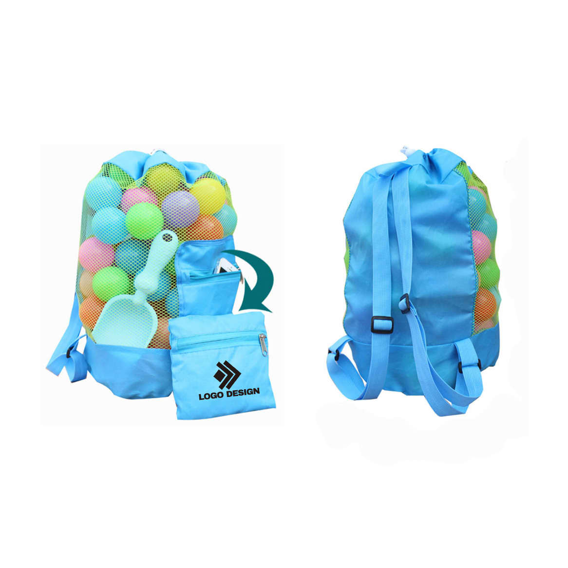 A light blue foldable mesh drawstring backpack filled with colourful balls and a small pouch, featuring a logo.