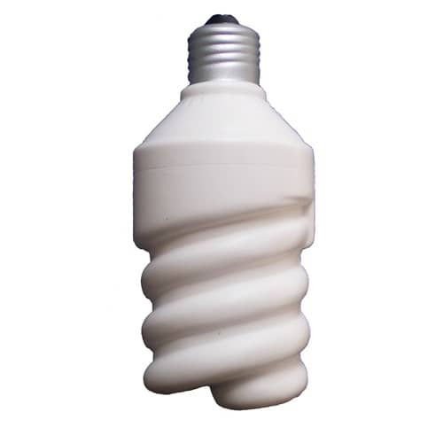 A white stress reliever shaped like a spiral electrical lamp, featuring a metallic bulb connector at the top.