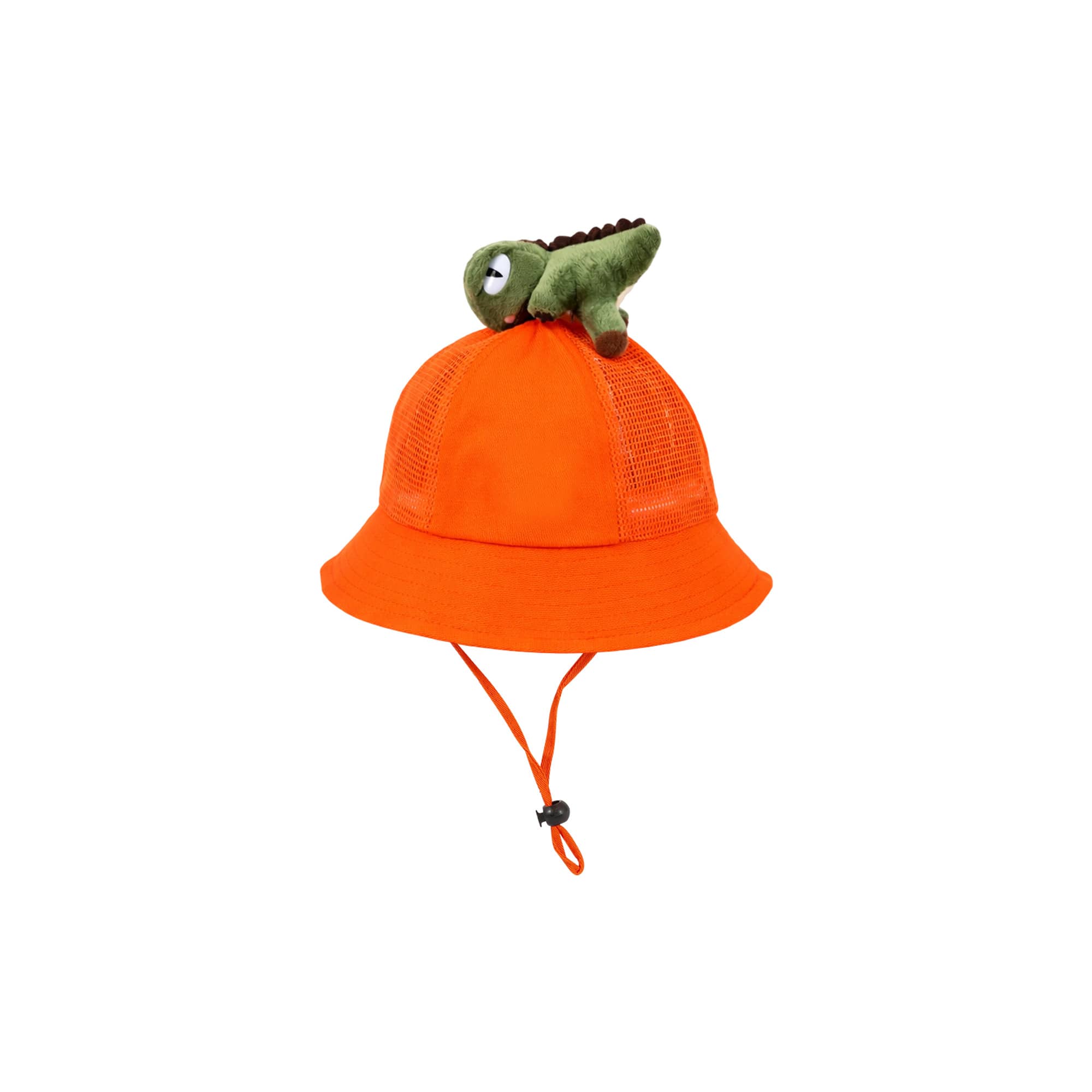 An orange bucket hat featuring a plush dinosaur on top, complete with a chin strap.