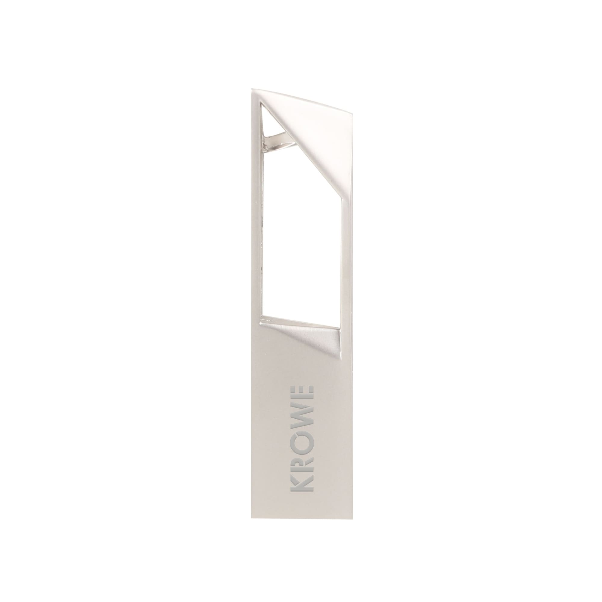 A silver portable metal flash drive with a sleek design and a logo on its side.
