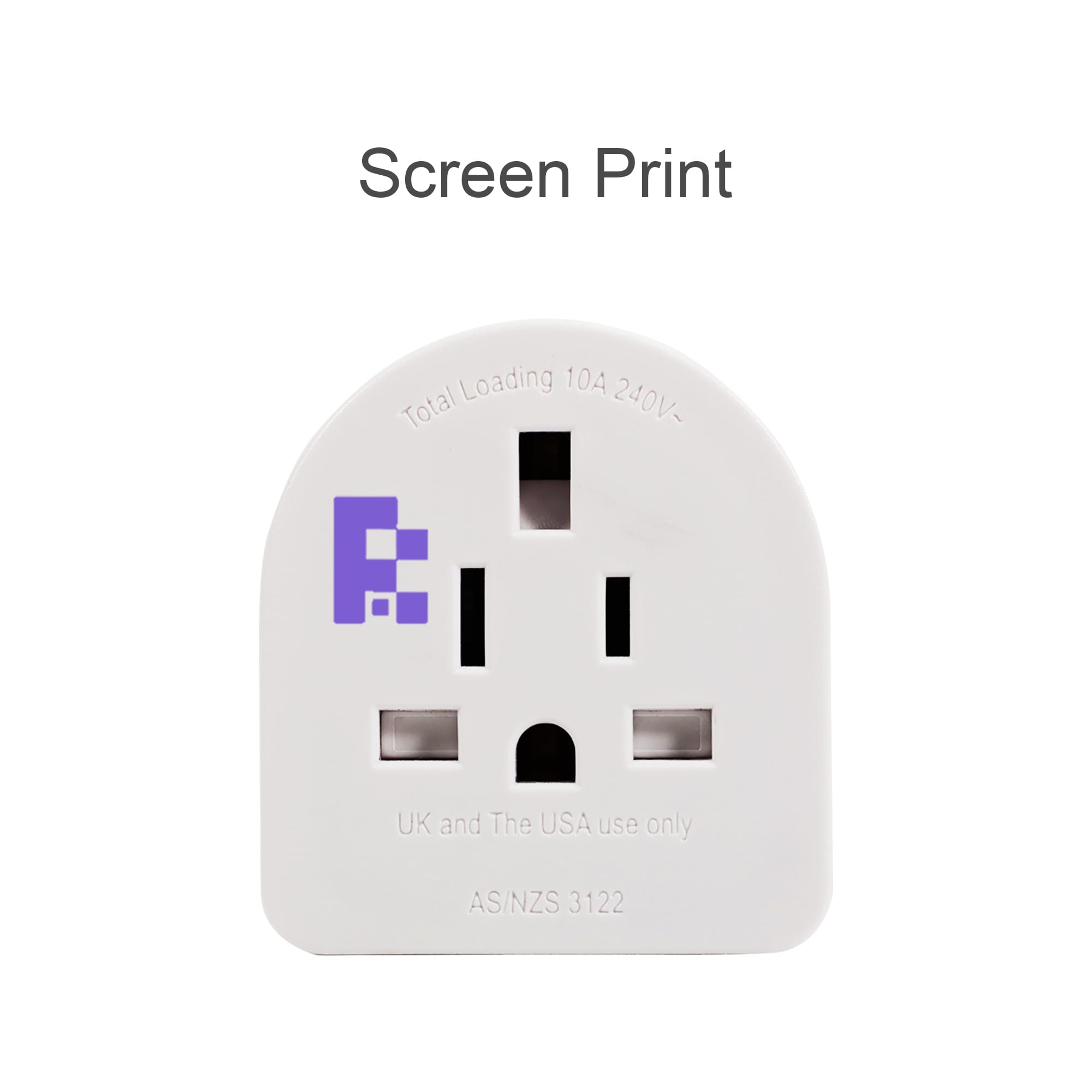 A white travel adapter with three-pronged outlets and a branding logo on the front.