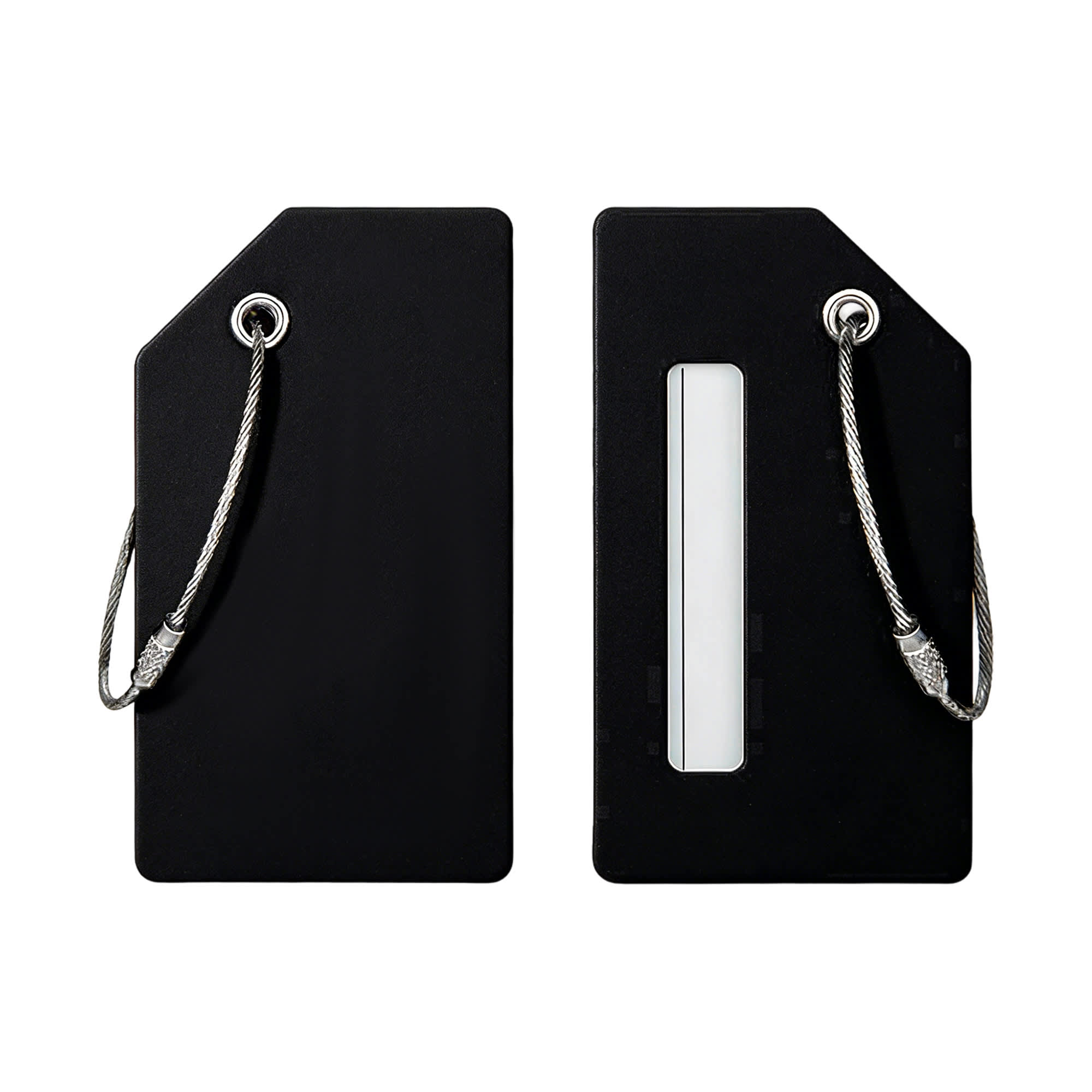 A soft silicone luggage tag in black, featuring a loop attachment and a transparent identification window.