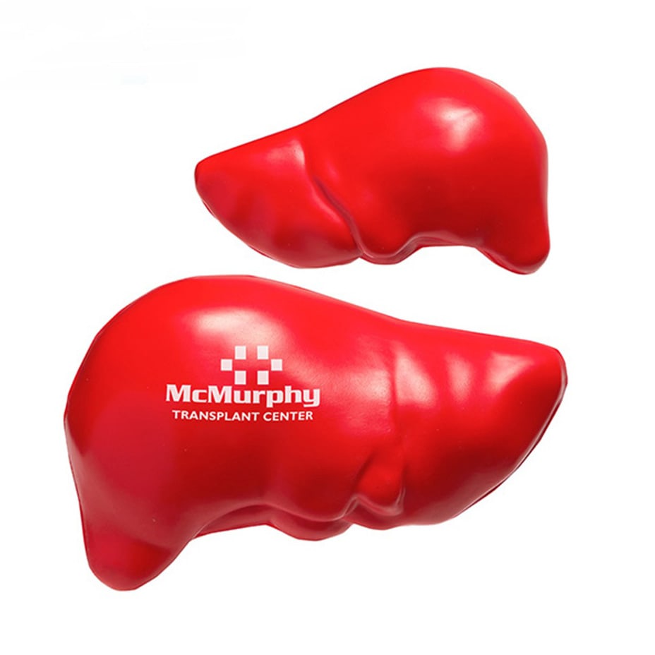 A red liver-shaped stress reliever, featuring a logo, in two sizes, suitable for keyrings.