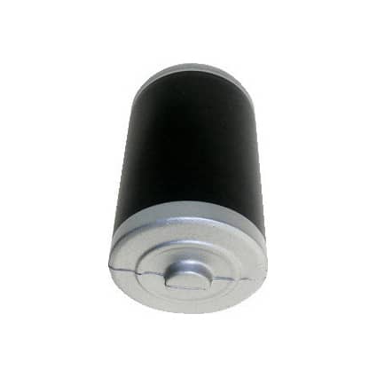 A battery-shaped stress reliever in black and silver, featuring a metallic base and a smooth surface.