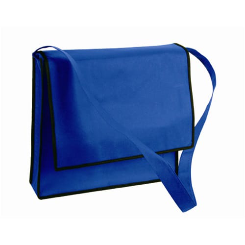 A blue non-woven sling bag with a black trim and an adjustable shoulder strap, featuring a front flap and a logo.