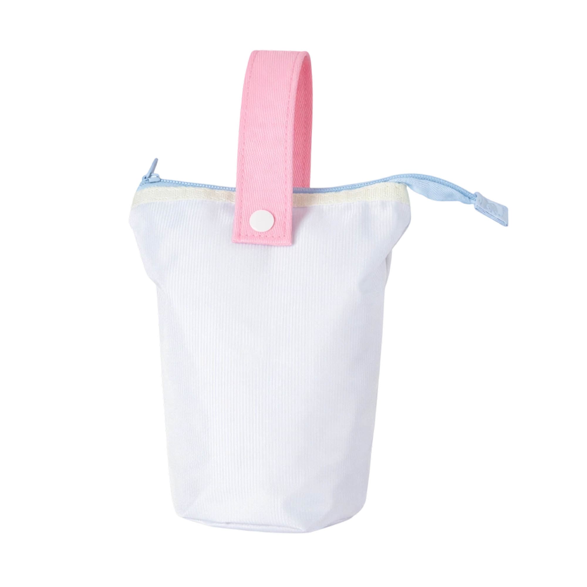 A foldable pencil case in white with a pink handle and blue zipper, featuring a logo.
