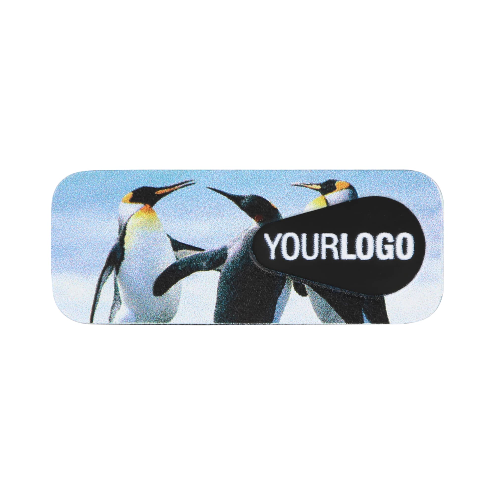 A smart webcam cover featuring a penguin design and a logo area, predominantly in shades of blue and black.