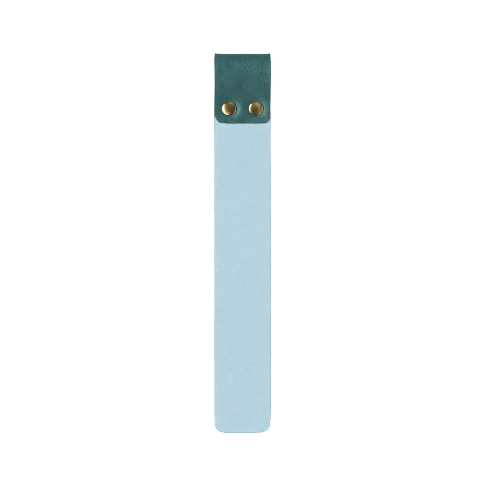 A custom PU bookmark in light blue with a dark green top and two gold metal buttons.