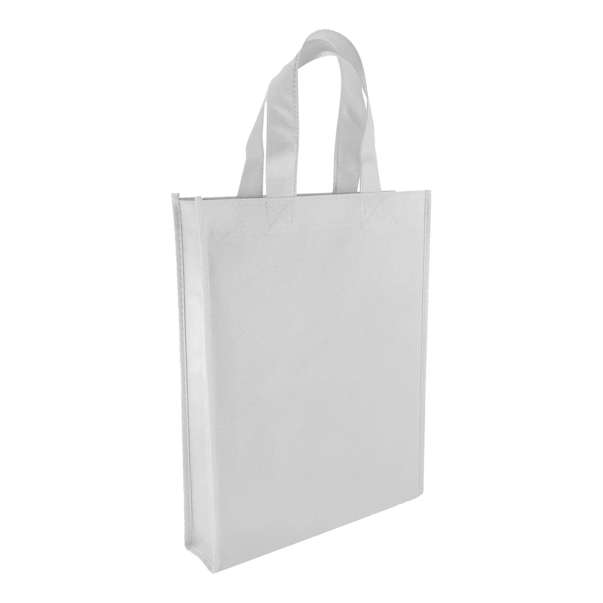A non-woven trade show bag in white with two sturdy handles and a plain design. It features a logo.