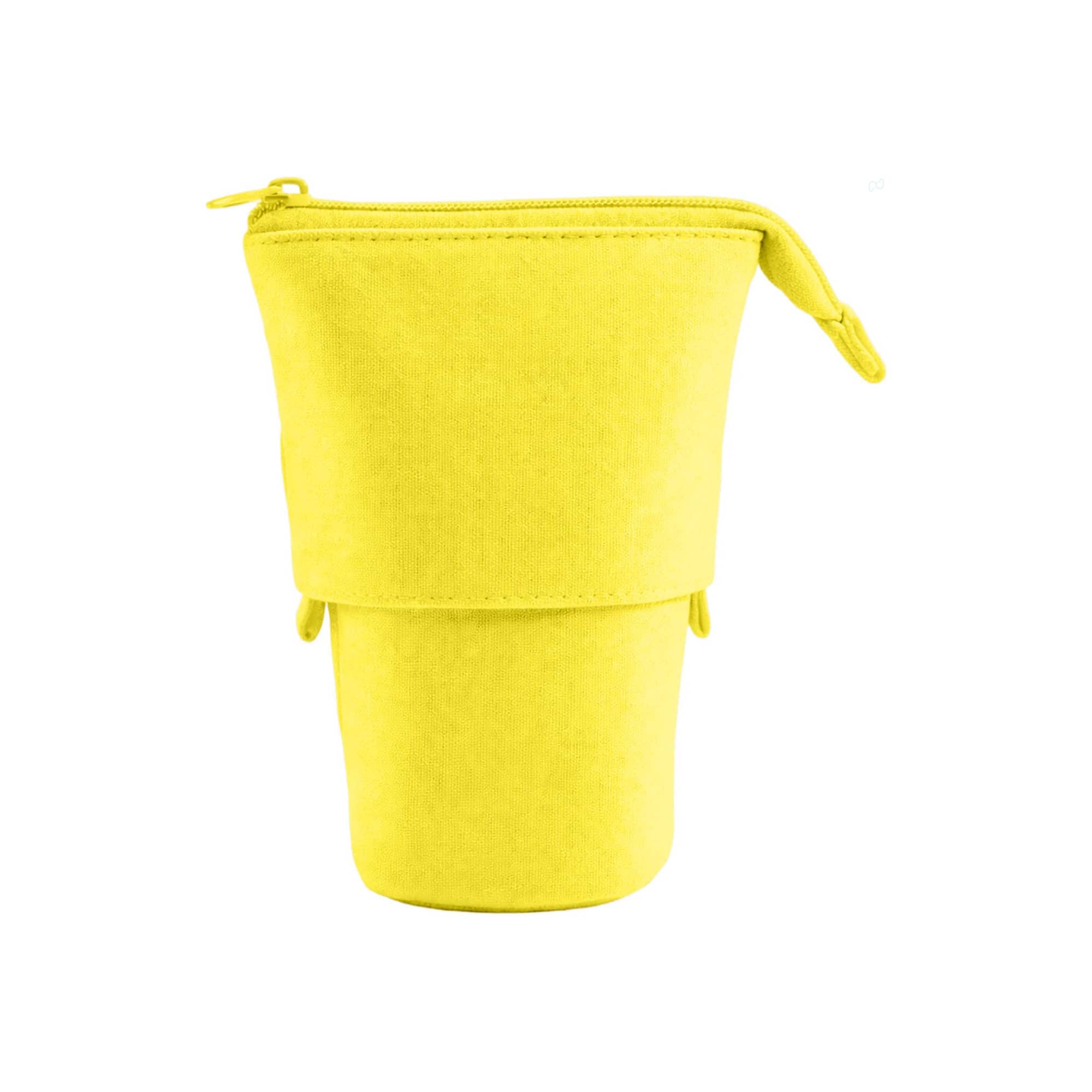 A bright yellow canvas expandable pencil case with a zip closure and drawstring features. Contains a logo.