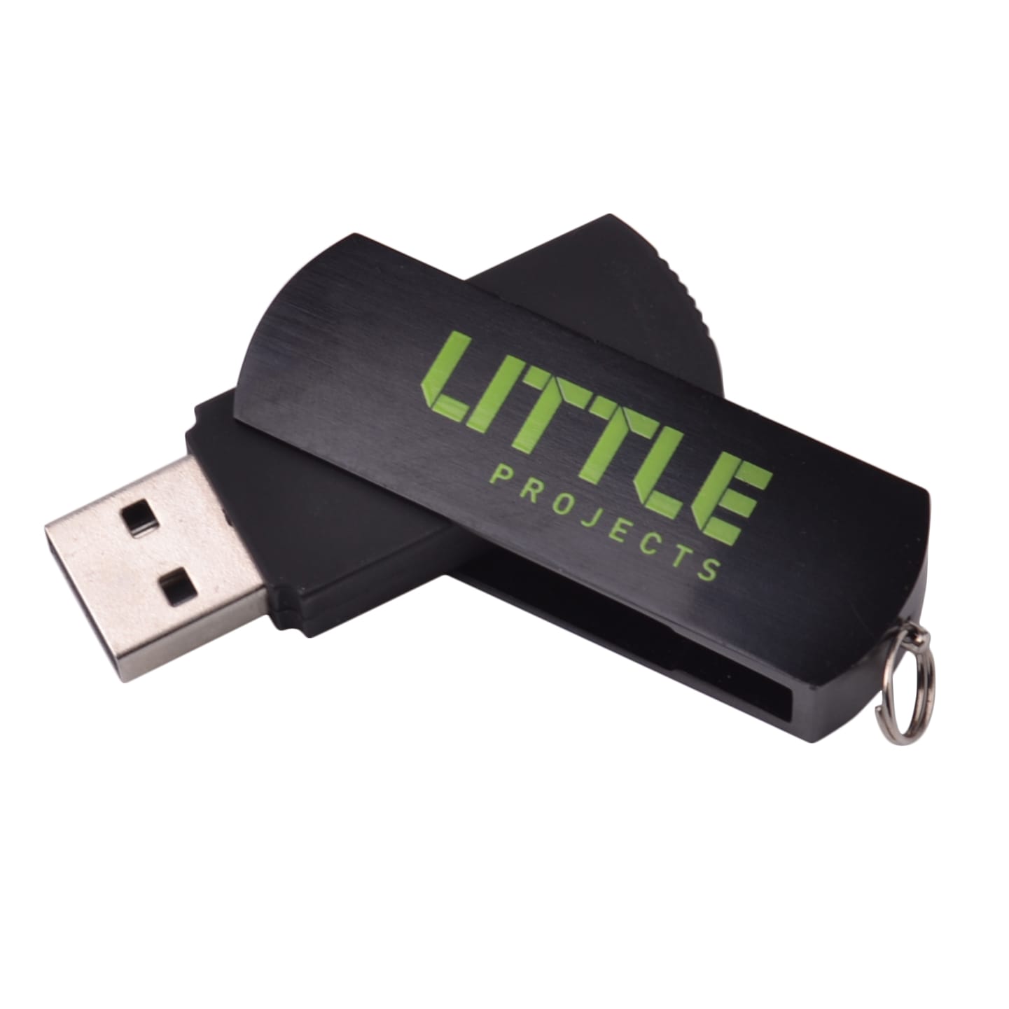 A black USB flash drive with a sleek design and a keyring attachment, featuring a logo.